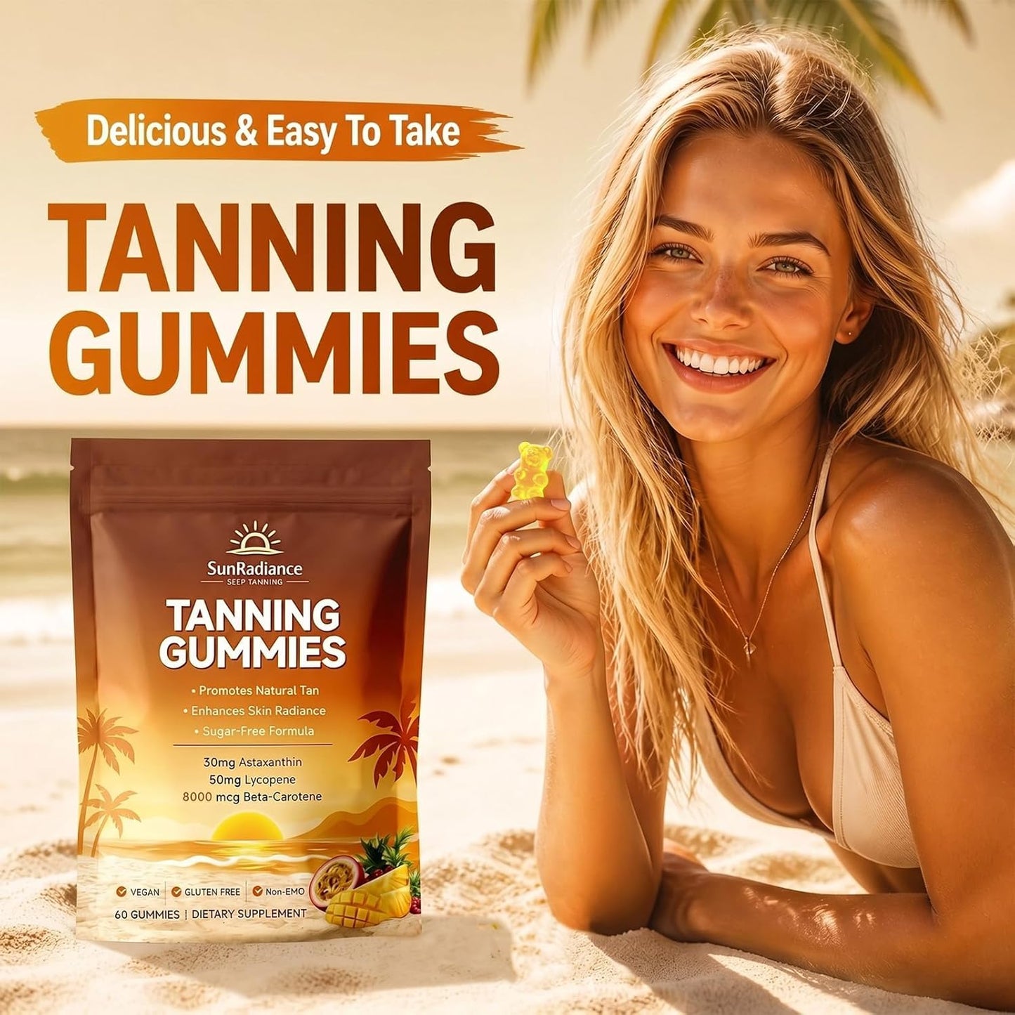 Sun Radiance Tanning Gummies with Astaxanthin & Beta Carotene, Vitamin C & A, Vegan & Sugar-Free, 60 Gummies
