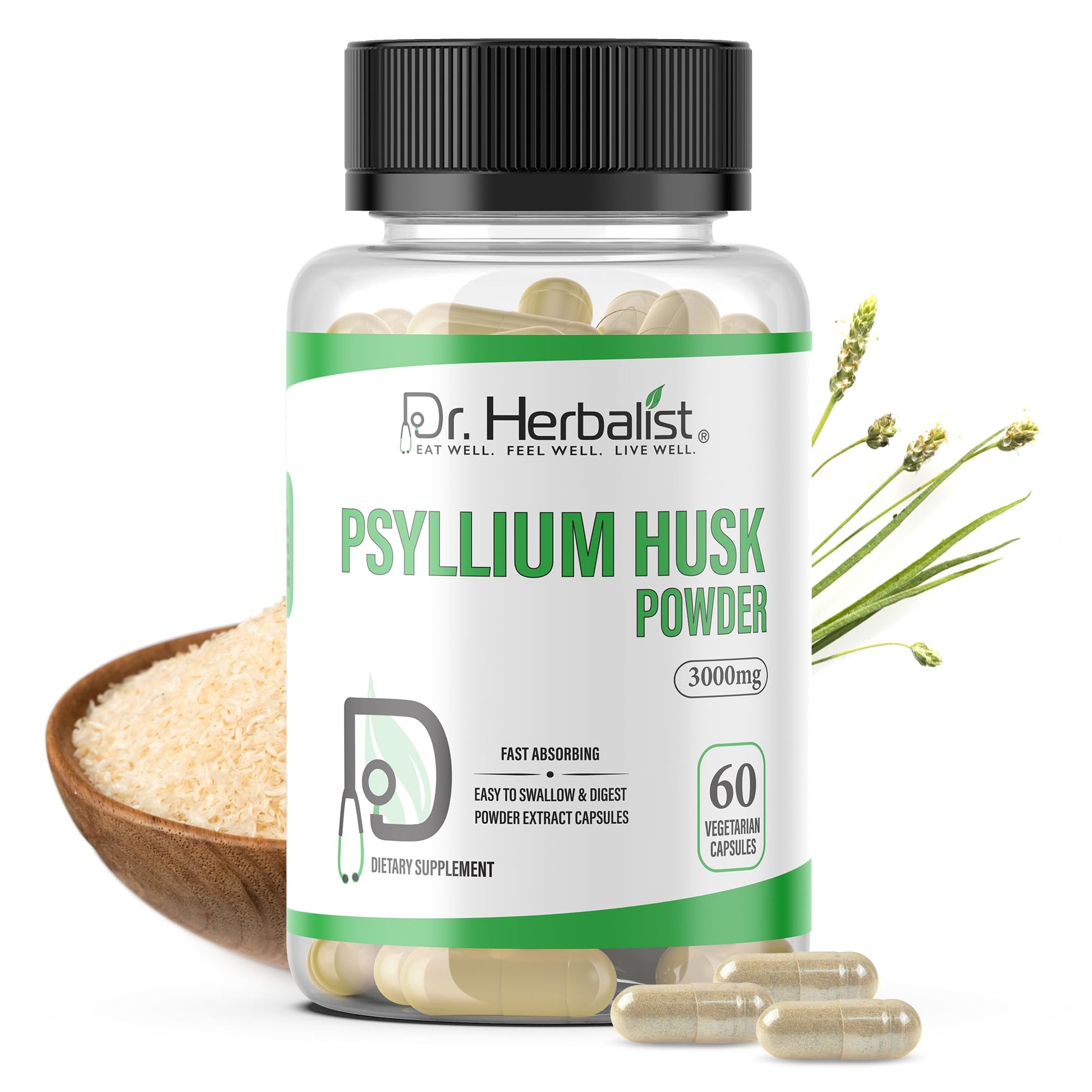 Dr. HERBALIST Psyllium Husk Powder Capsules 3000mg Soluble Fiber Supplement Plantago Ovata 60 Count