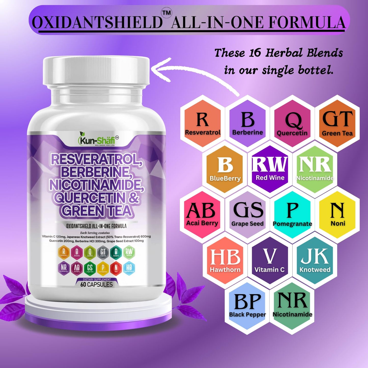 Kun Shafi Berberine & Resveratrol Complex with Quercetin, Grape Seed, Green Tea, Vitamin C, and Nicotinamide Riboside NAD+ & Antioxidant Polyphenol Capsules, 60 Count