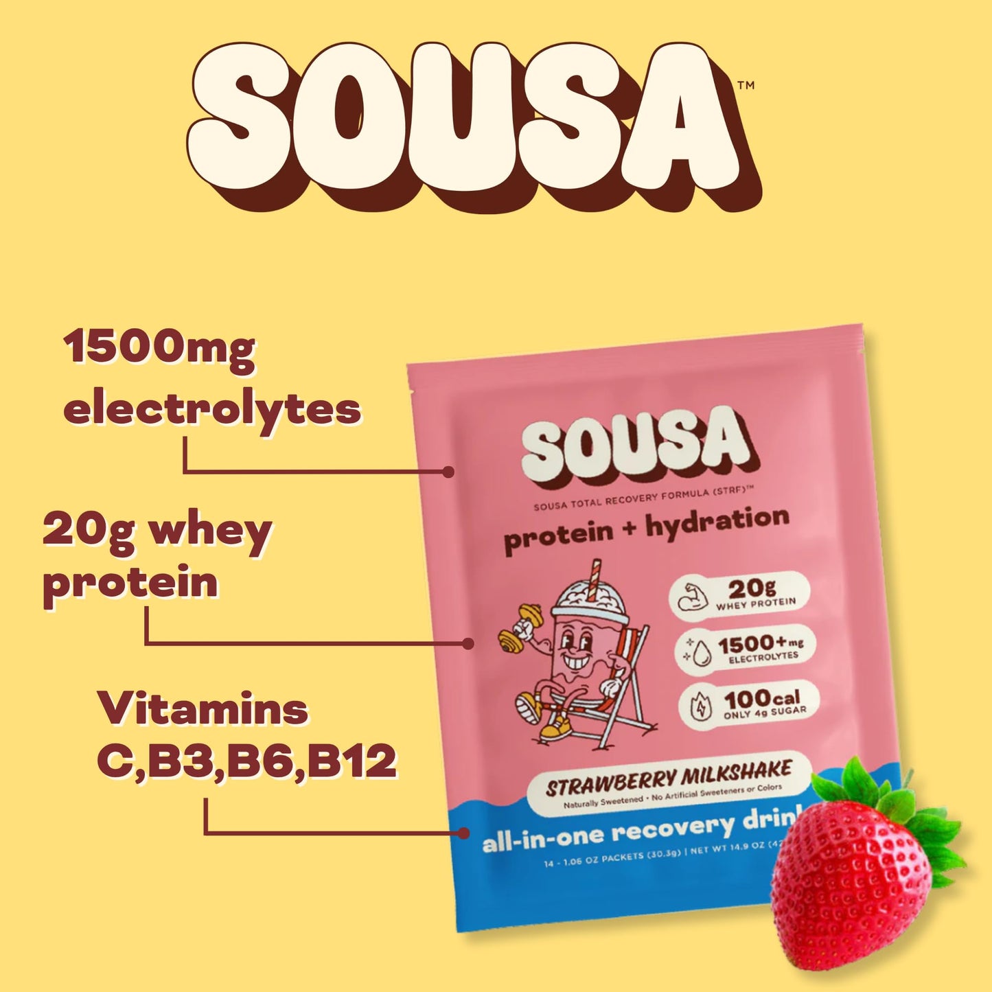 Sousa Protein + Hydration Total Recovery Formula Protein Powder, 14 Servings