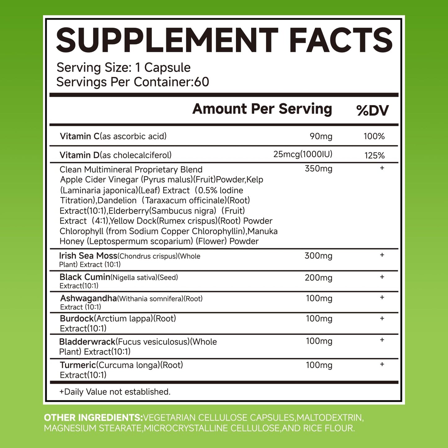 LEMON CODE Sea Moss & Black Seed Oil Capsules with Burdock & Bladderwrack & Ashwagandha, Vitamin C&D, Natural Herbal Complex for Daily Balance, Energy & Digestive Support, 60 Capsules
