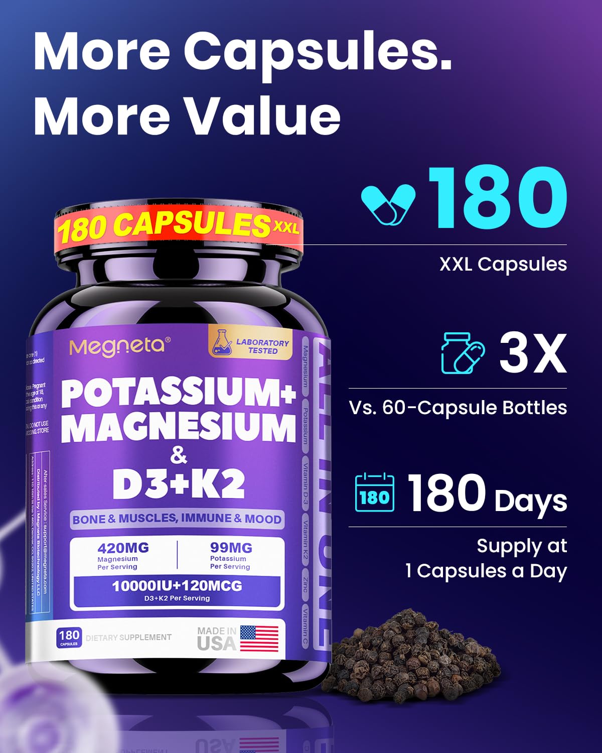 MEGNETA Magnesium Glycinate 420 mg with Potassium, D3 10,000 IU, K2 Capsule, 180 Capsules