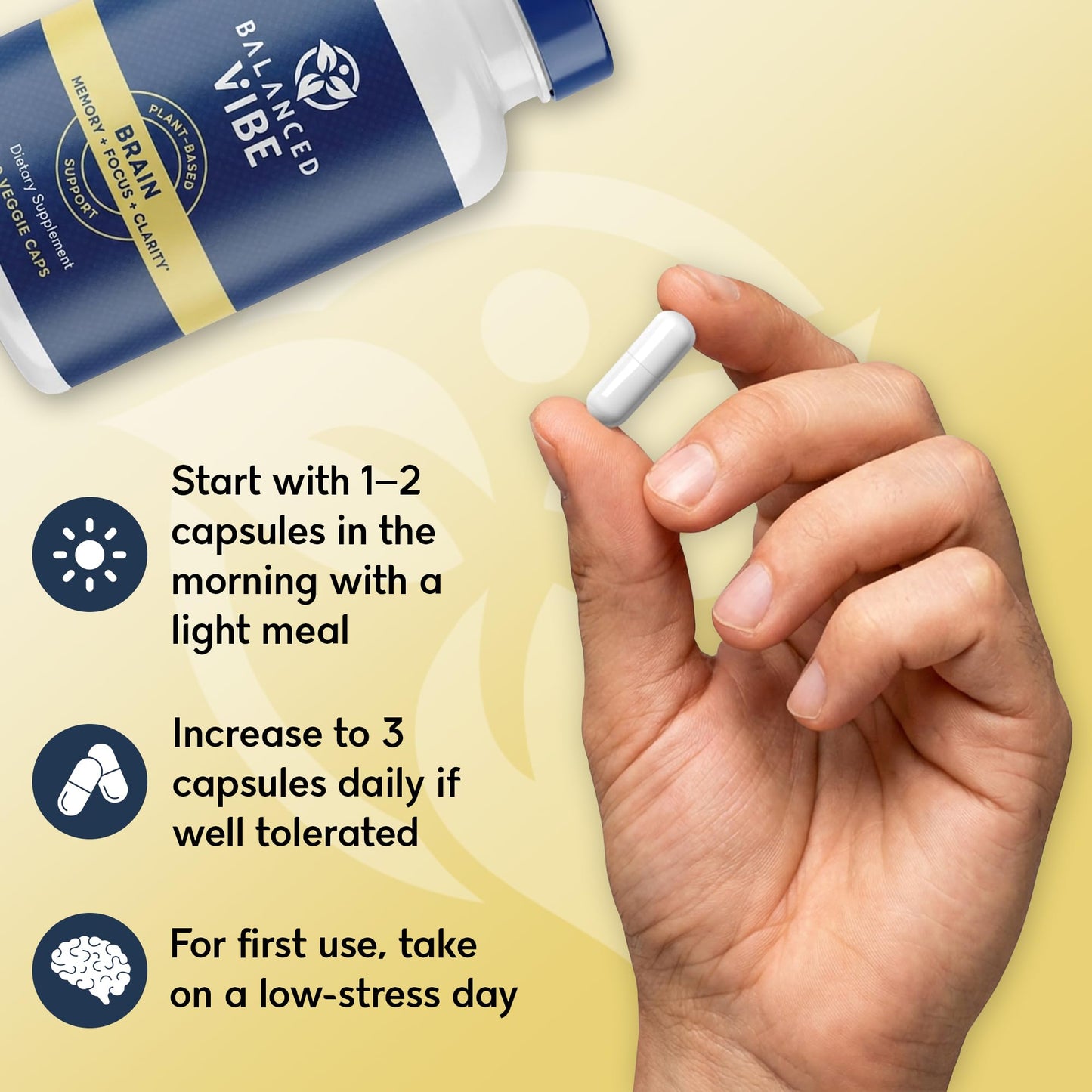 Balanced Vibe Brain Supplement 8 in 1 with Lion's Mane, Bacopa, Rhodiola, Ginkgo Capsules, 90 Capsules