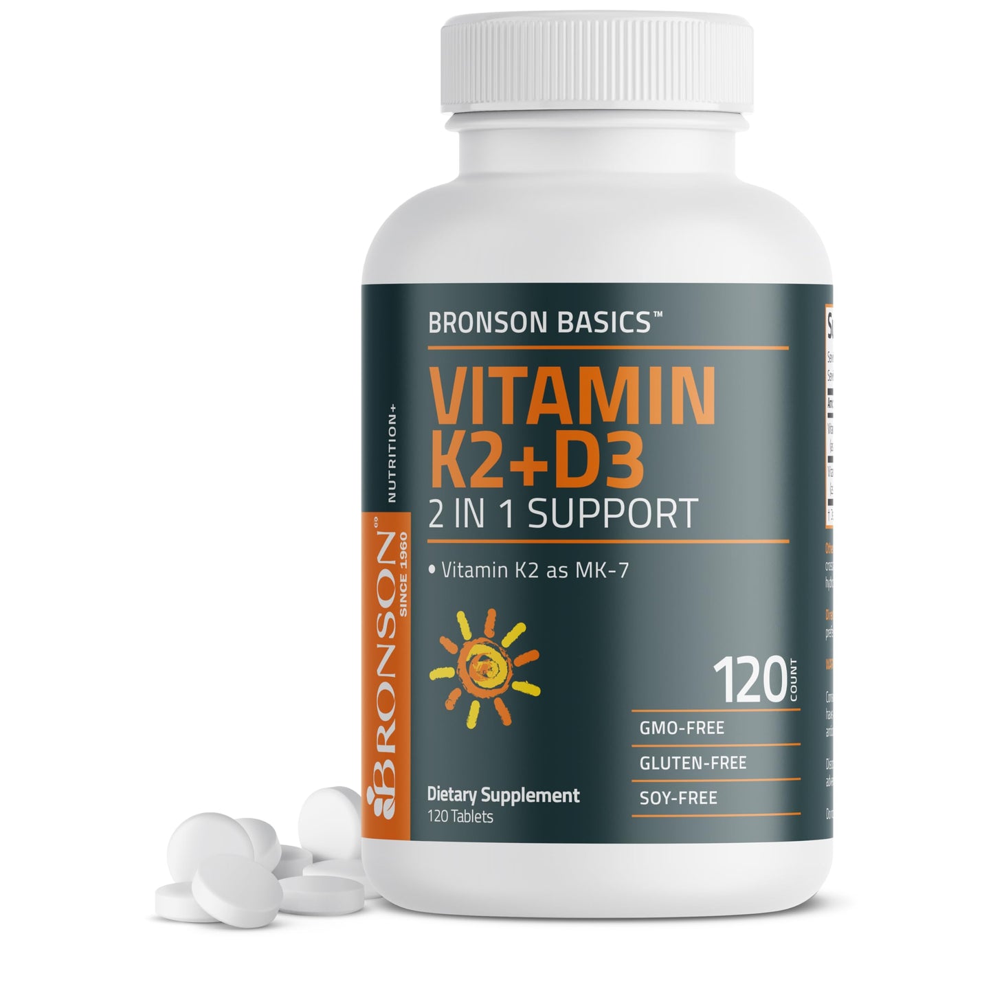 Bronson Vitamin K2 D3 (MK7) Supplement 2-in-1 D3 & K2 Complex Tablet, 120 Tablets
