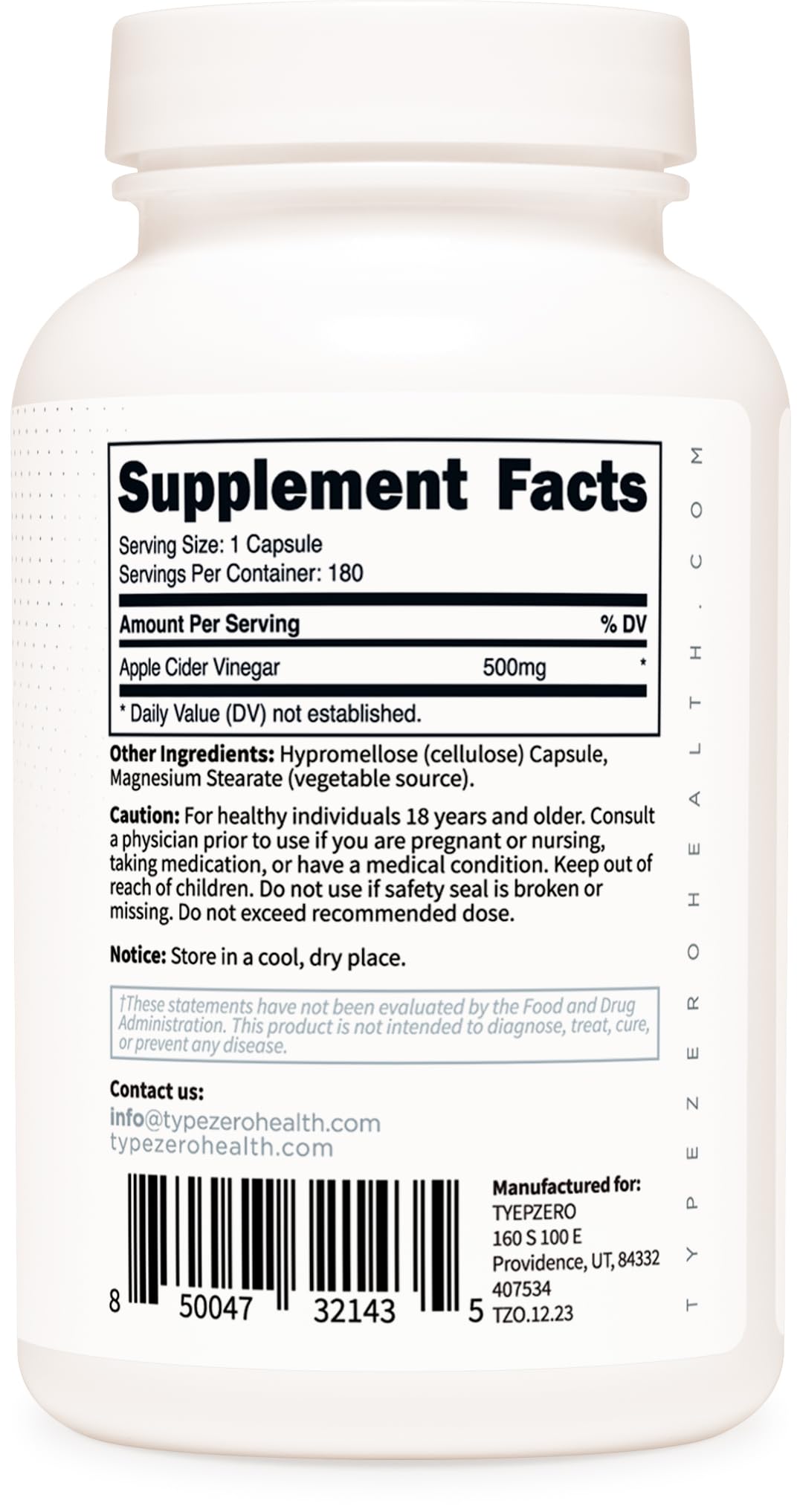 Type Zero Apple Cider Vinegar Capsules 180 Count