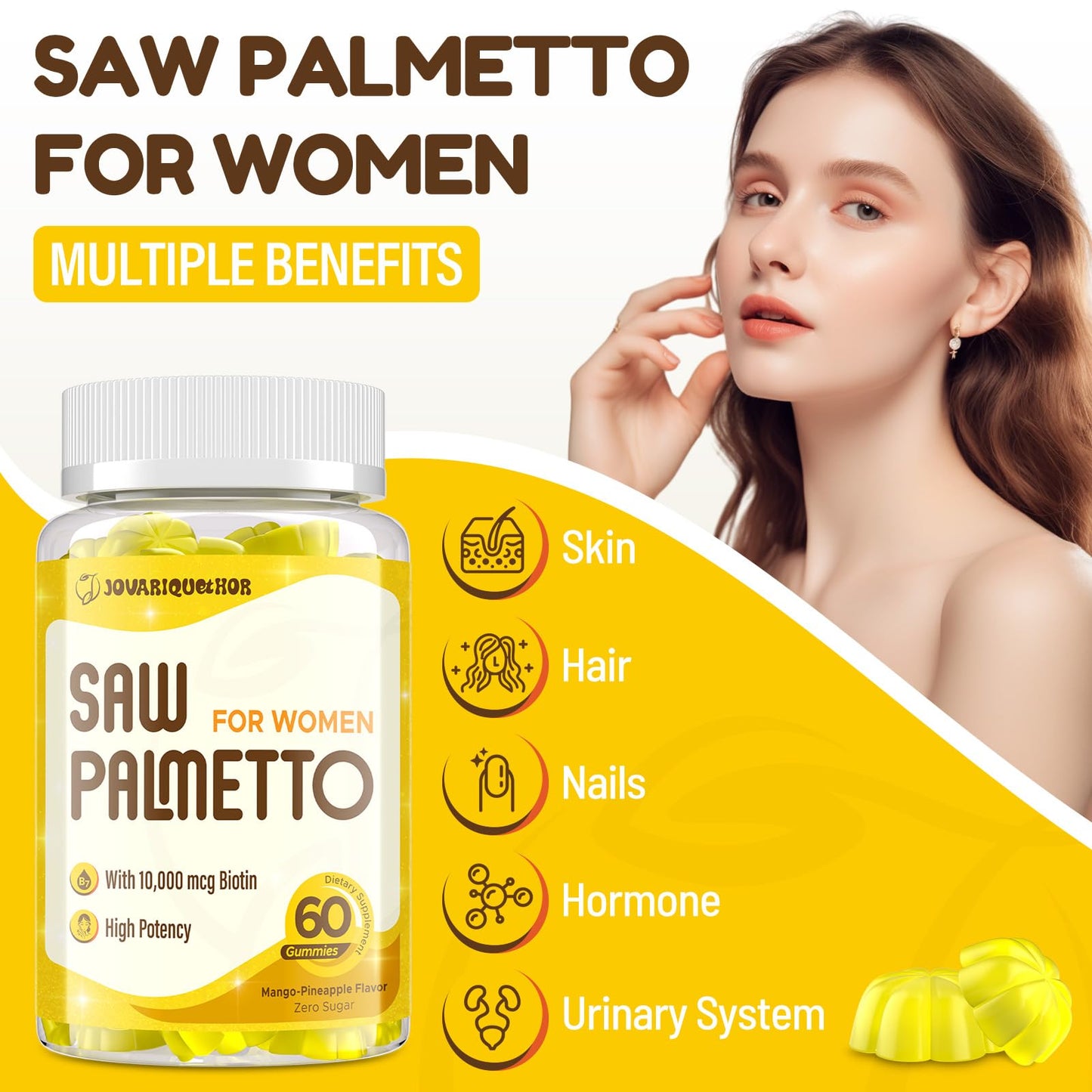 Jovariquethor Saw Palmetto for Women DHT Blocker Hair Growth Supplement 500mg Potent Saw Palmetto Gummies Mango-Pineapple Flavor 120 Gummies