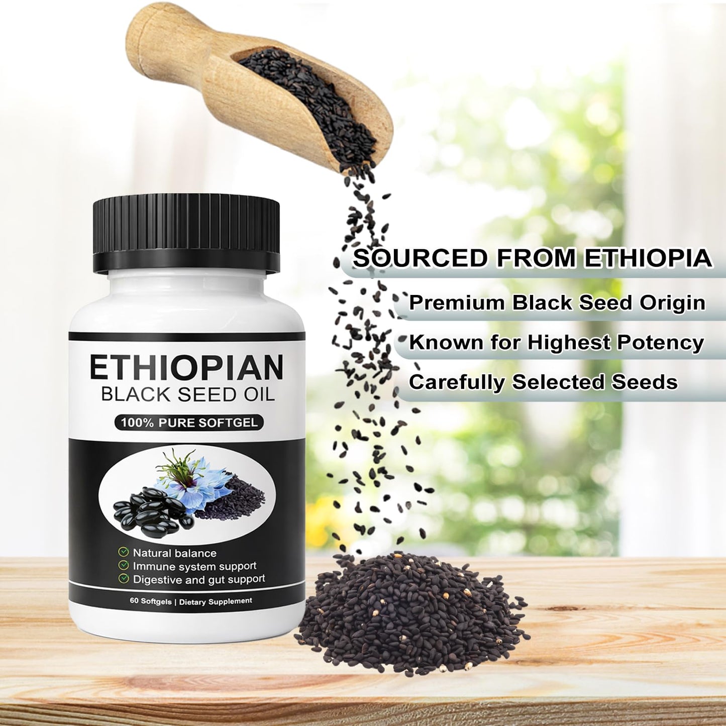 GraviGlow Ethiopian Black Seed Oil Softgels with 4.64% Thymoquinone, Organic Cold-Pressed Black Cumin Seed Oil, 1 Count