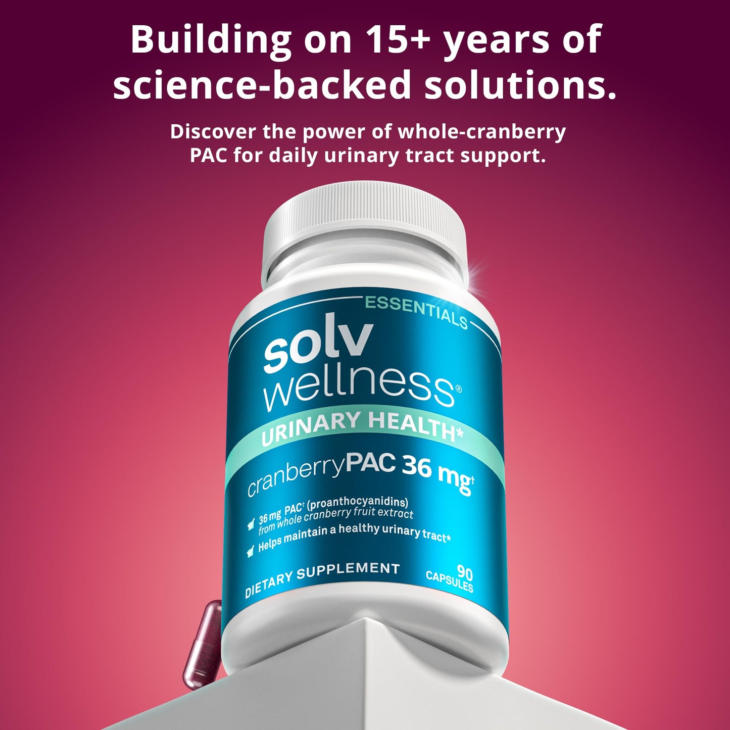 Solv Wellness Urinary Health 36 mg Cranberry PAC Whole Cranberry Fruit Extract Daily Urinary Tract Health Support Capsules, 90 Count