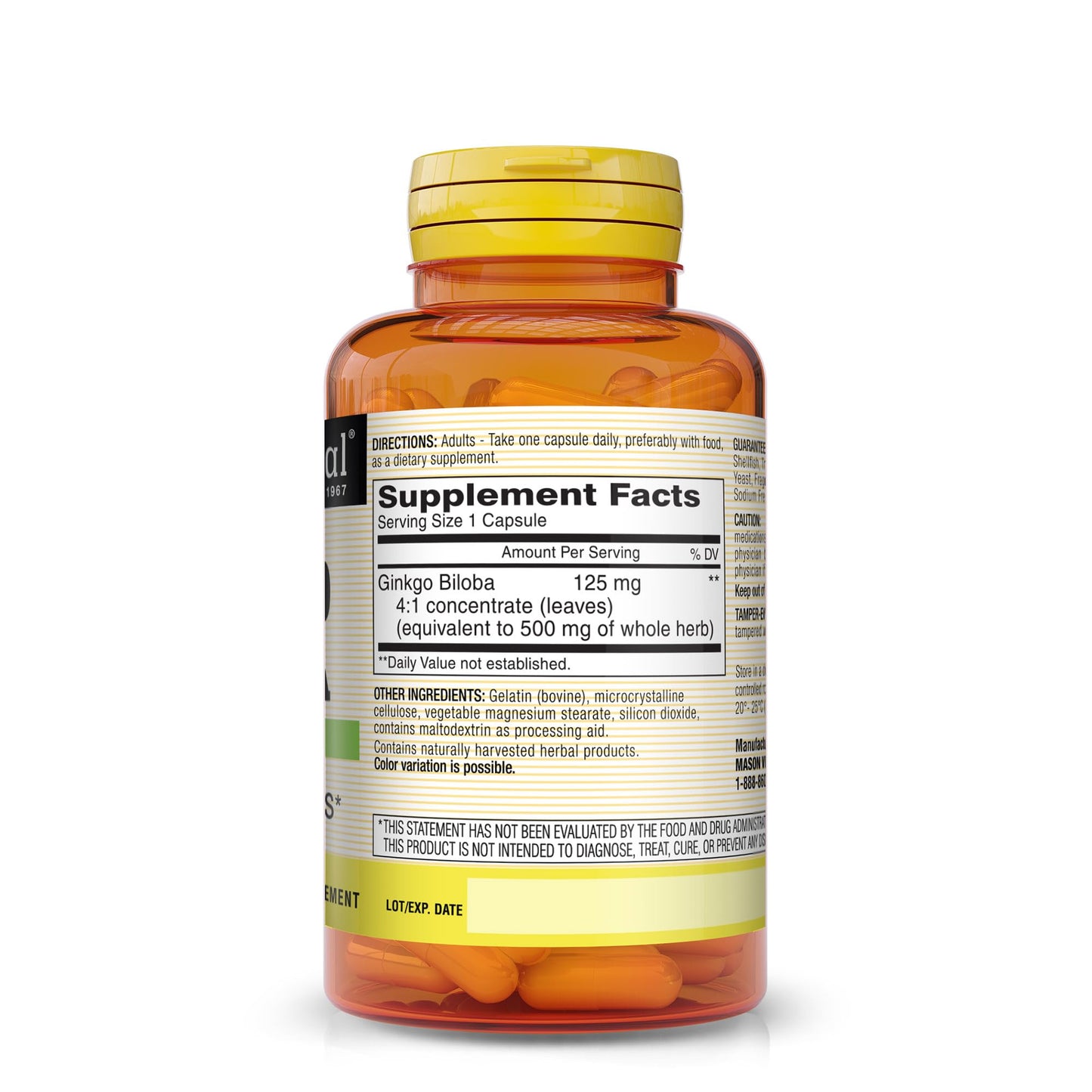 Mason Natural Ginkgo Biloba Leaves Powder 500 mg per Capsule, 180 Capsules