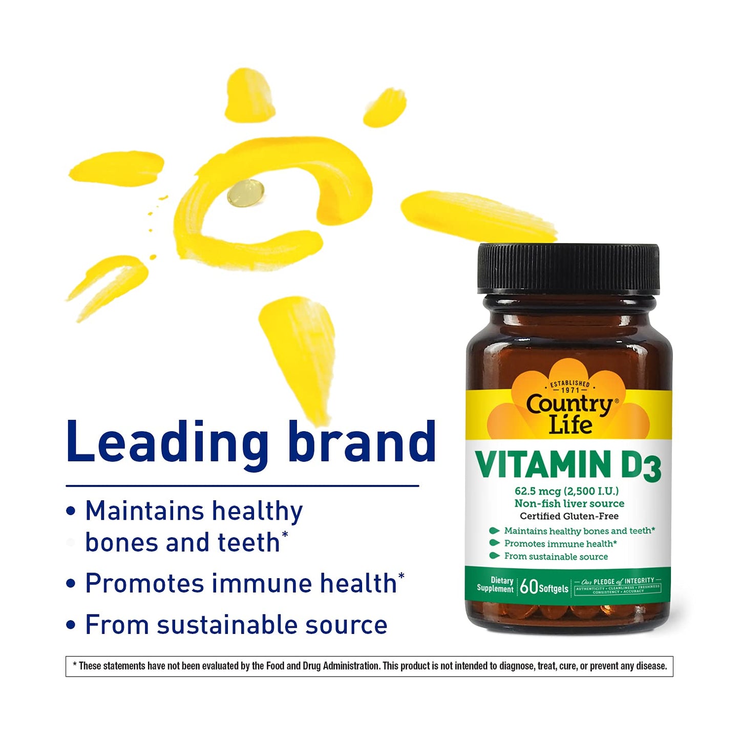 Country Life Vitamin D3 2500 IU Gluten-Free Softgels, 60 Count