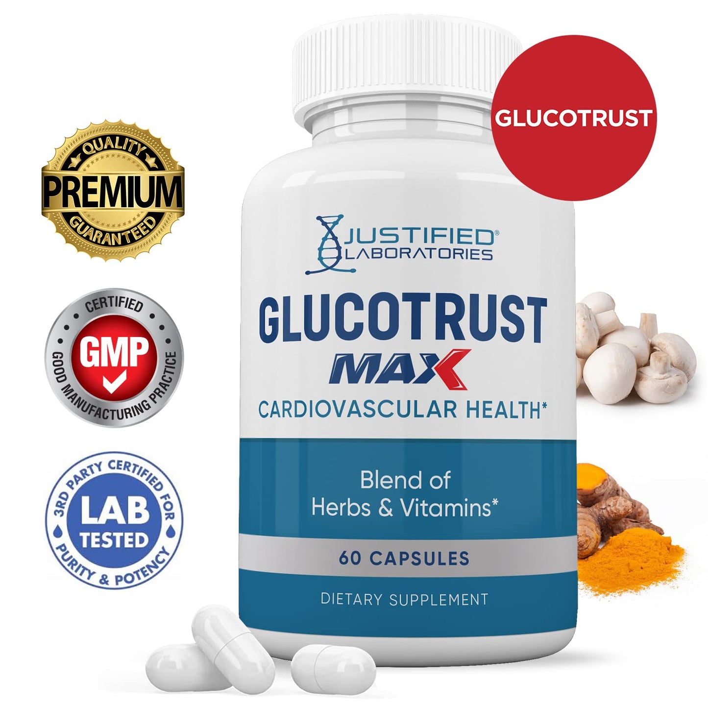 Justified Laboratories Glucotrust Max 1295MG Formula All Natural Cardiovascular Support 600 Capsules