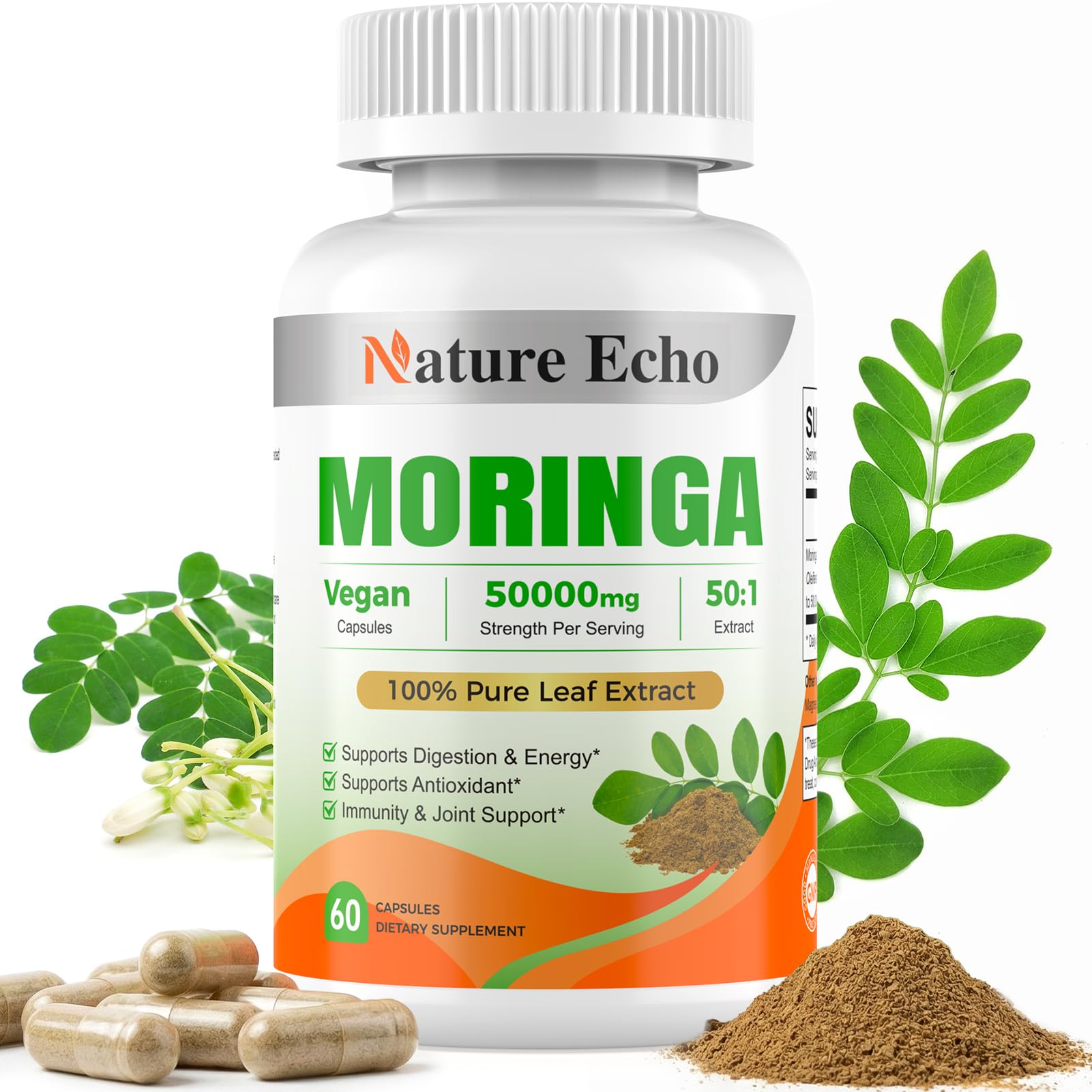 Nature Echo Moringa Oleifera Capsules 50:1 High Potency Extract, 60 Count