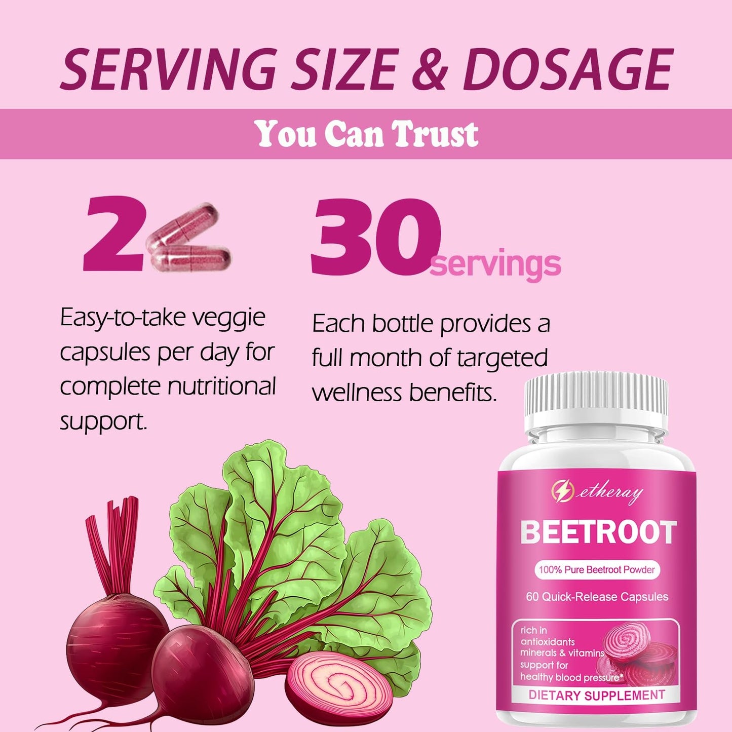 etheray Beet Root Capsules 1300mg Organic Beetroot Powder, Capsule, 60 Count