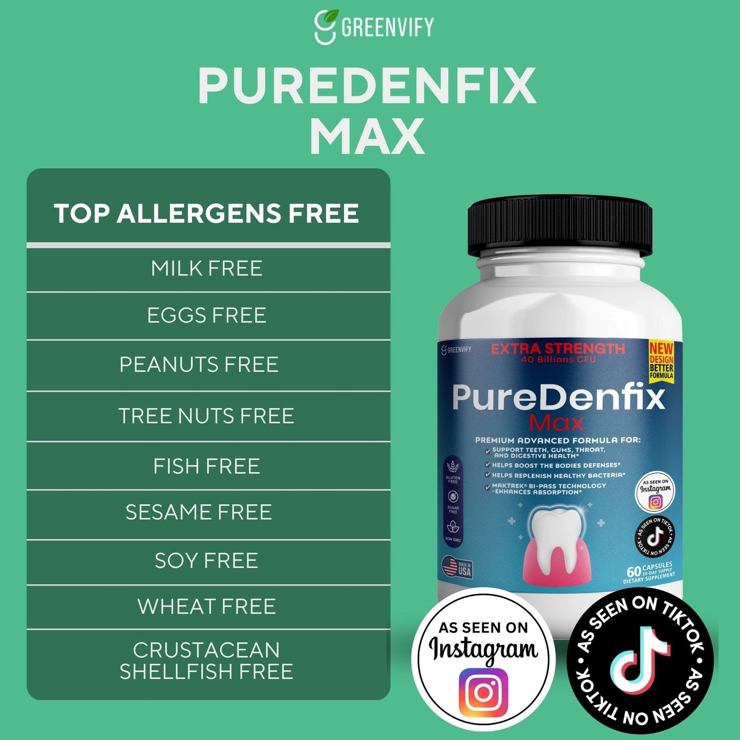 PureDenfix Max Extra Strength Probiotic Supplement with 40 Billion CFU, Supports Teeth, Gums, Ear, Nose, Throat & Digestive Health, 60 Capsules