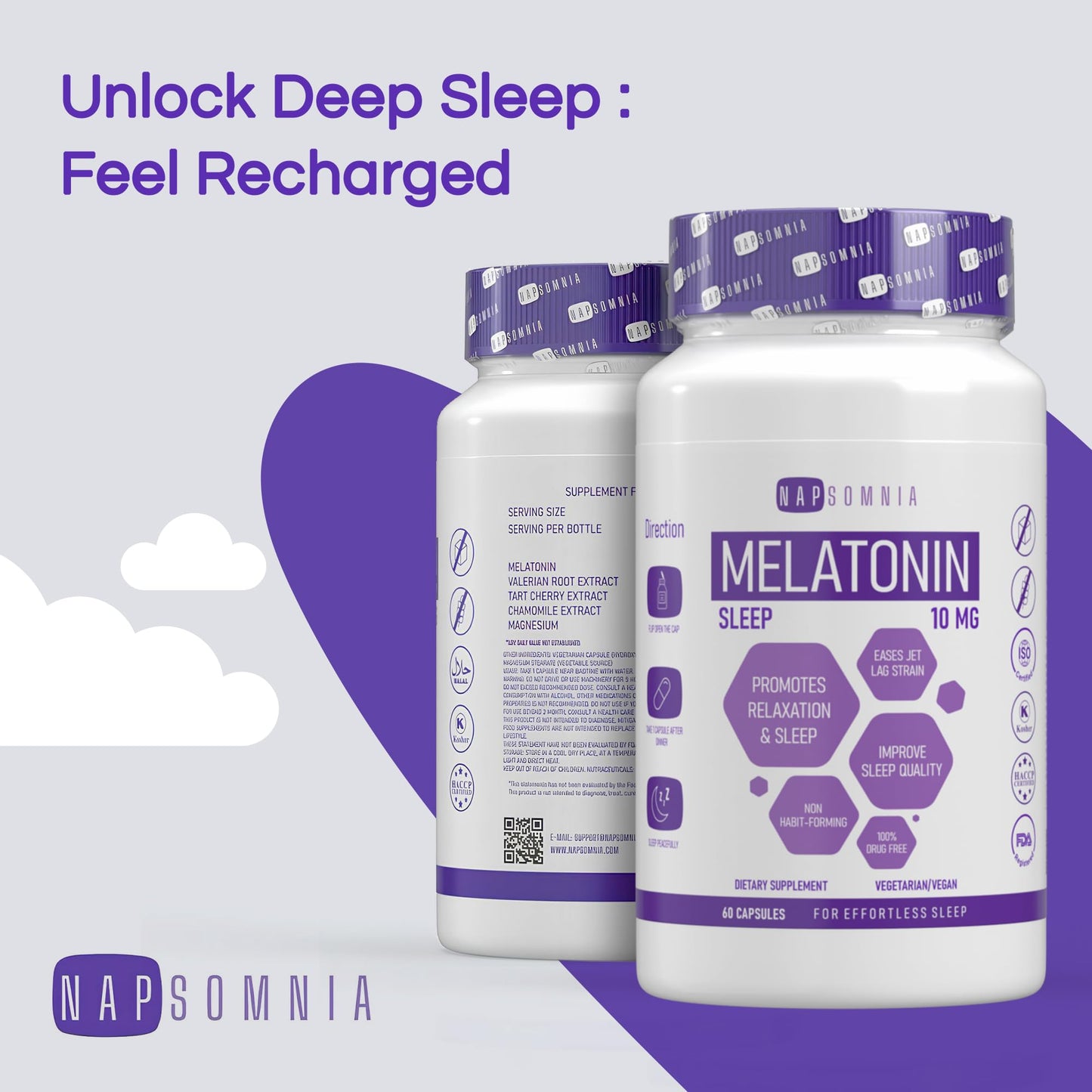 NAPSOMNIA Vegan Melatonin Capsules 10 mg with Valerian Root Extract, Sleep Aid, 60 Capsules