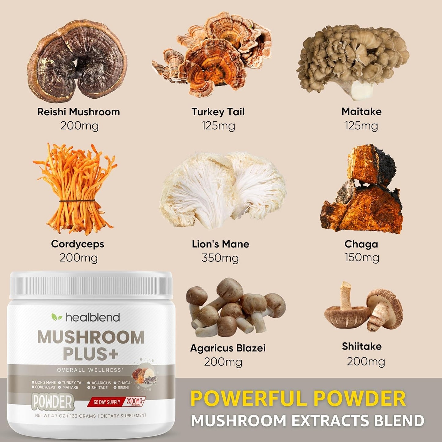Healblend Mushrooms Extract Supplement Blend - Lions Mane, Cordyceps, Agaricus, Turkey Tail, Reishi, Chaga, Shiitake, Maitake Plus Adaptogen Complex Powder 4.66 oz