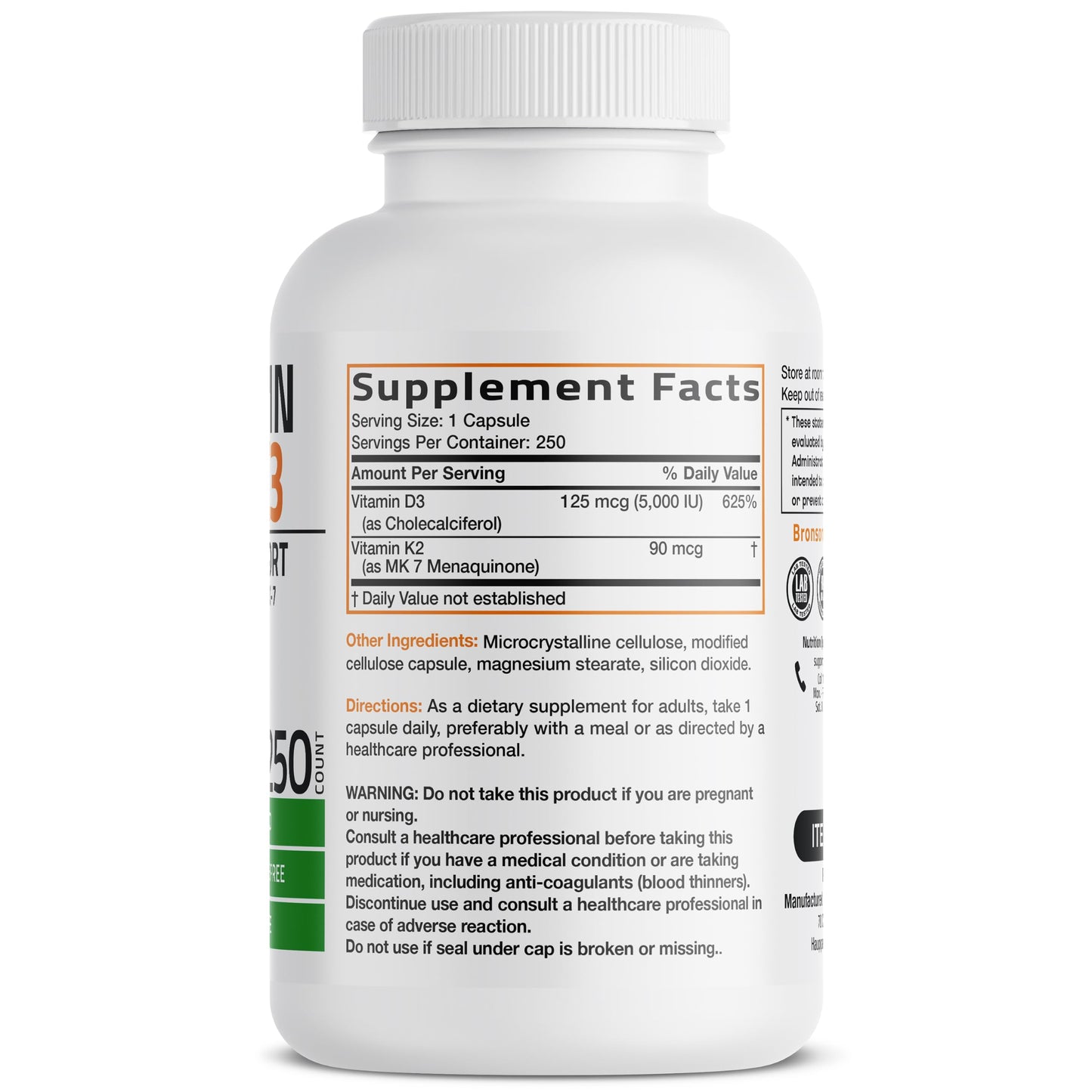 Bronson Vitamin K2 D3 (MK7) Supplement 2-in1 D3 & K2 Complex, 250 Capsules