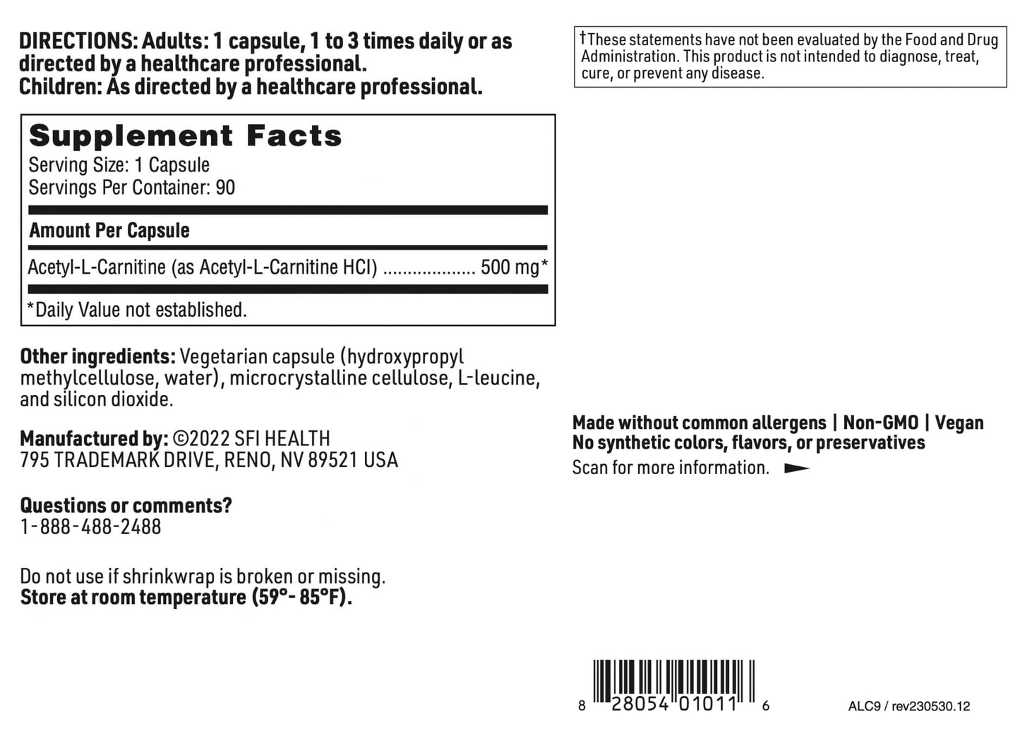 SFI Health Acetyl-L-Carnitine 500 mg Capsule, 90 Count