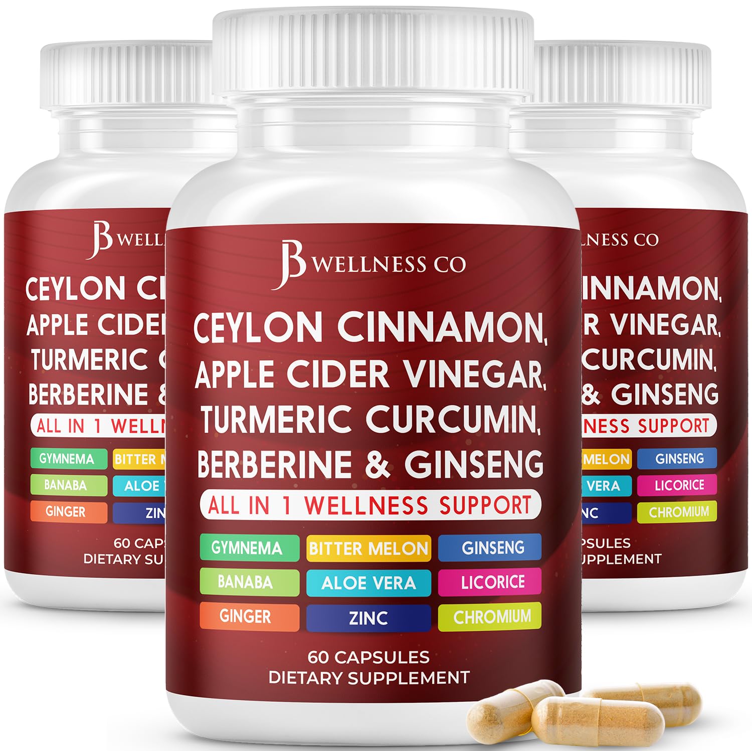 JB Wellness Co Ceylon Cinnamon Turmeric ACV Ginseng Aloe Vera Berberine Plus Banaba Ginger Root Capsules 180