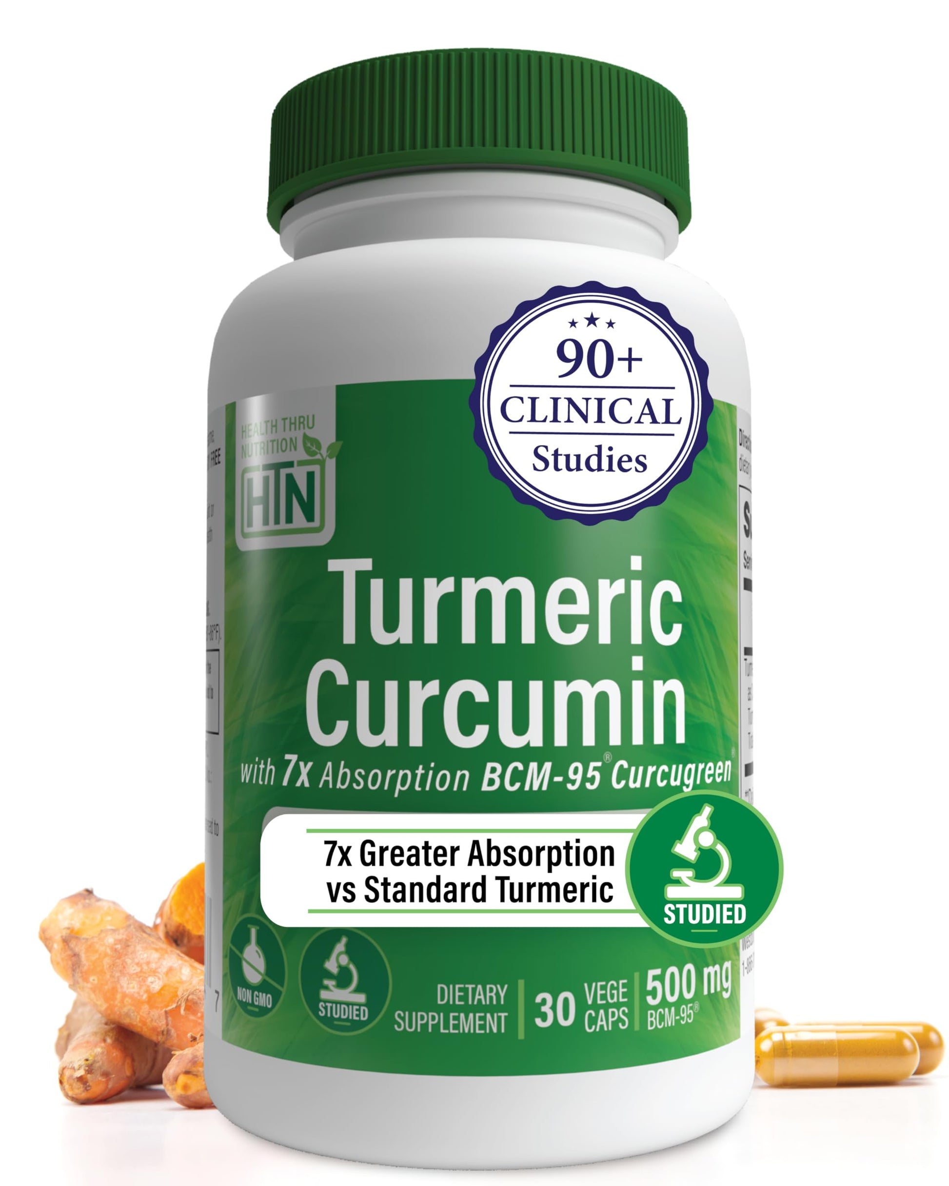 Health Thru Nutrition Turmeric Curcumin Complex 500mg BCM-95 Curcugreen Clinically Studied, Vegan Certified, Non-GMO, Hypoallergenic, 30 Capsules