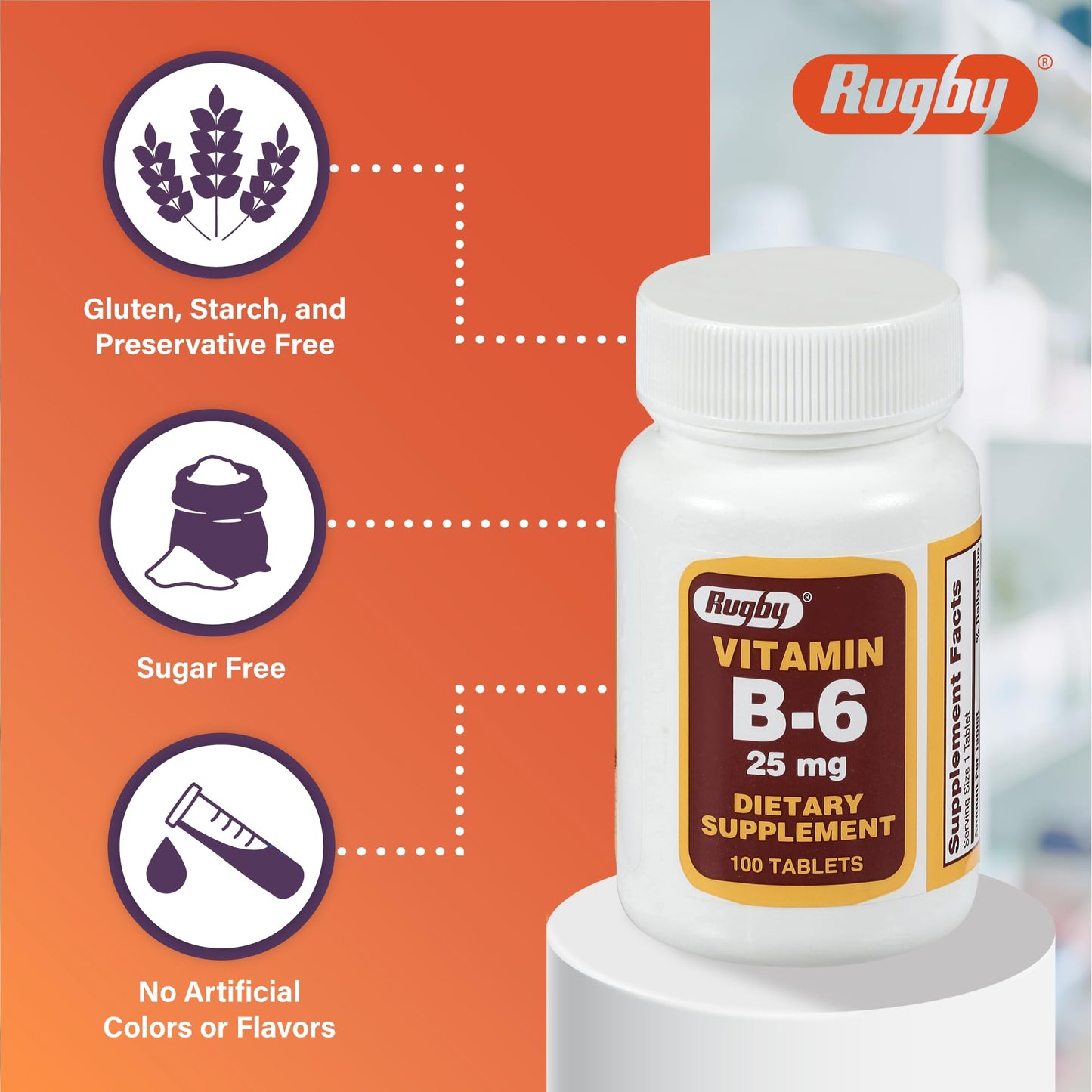 Rugby Laboratories Vitamin B-6 Tablets, 25 mg, 200 Count