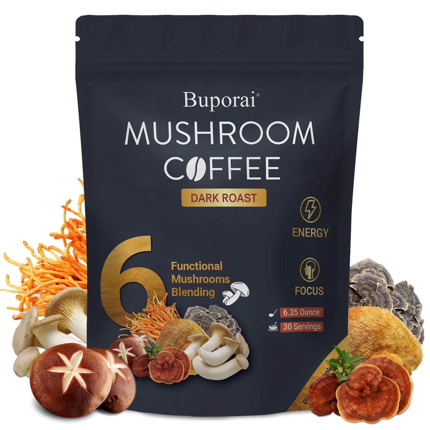 Buporai Mushroom Coffee Dark Roast Powder 6.35 Ounce