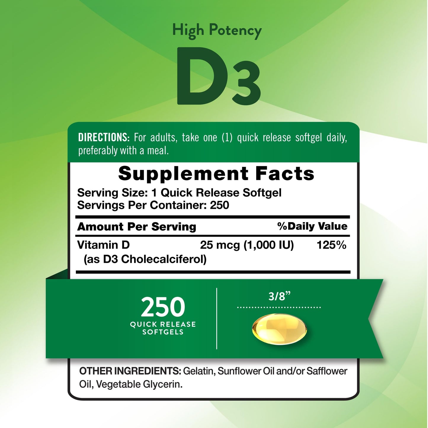 Nature's Truth D3 1000 IU Softgels, 250 Softgels