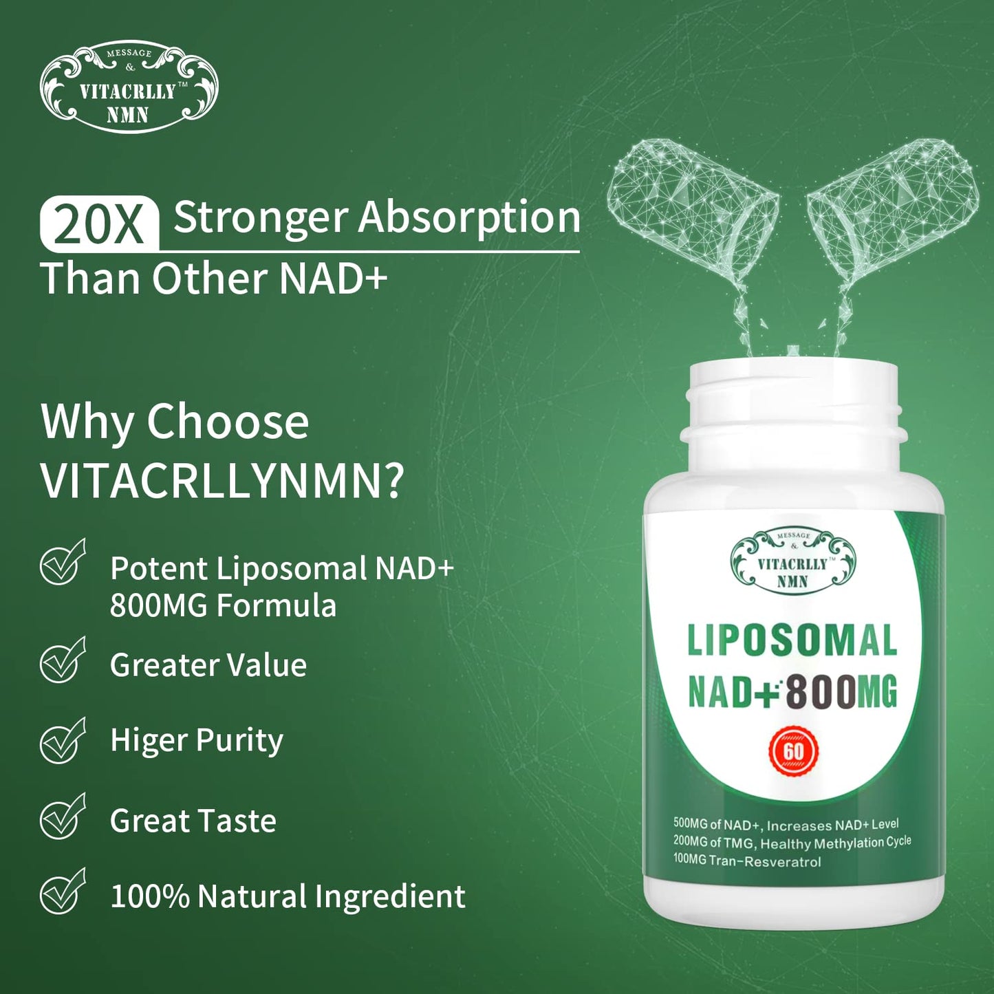 VITACRLLYNMN NAD+ Supplement Liposomal NAD+ Plus 800MG Nicotinamide Riboside Alternative for Cell Energy, Healthy Aging and Muscle Repair, 60 Capsules