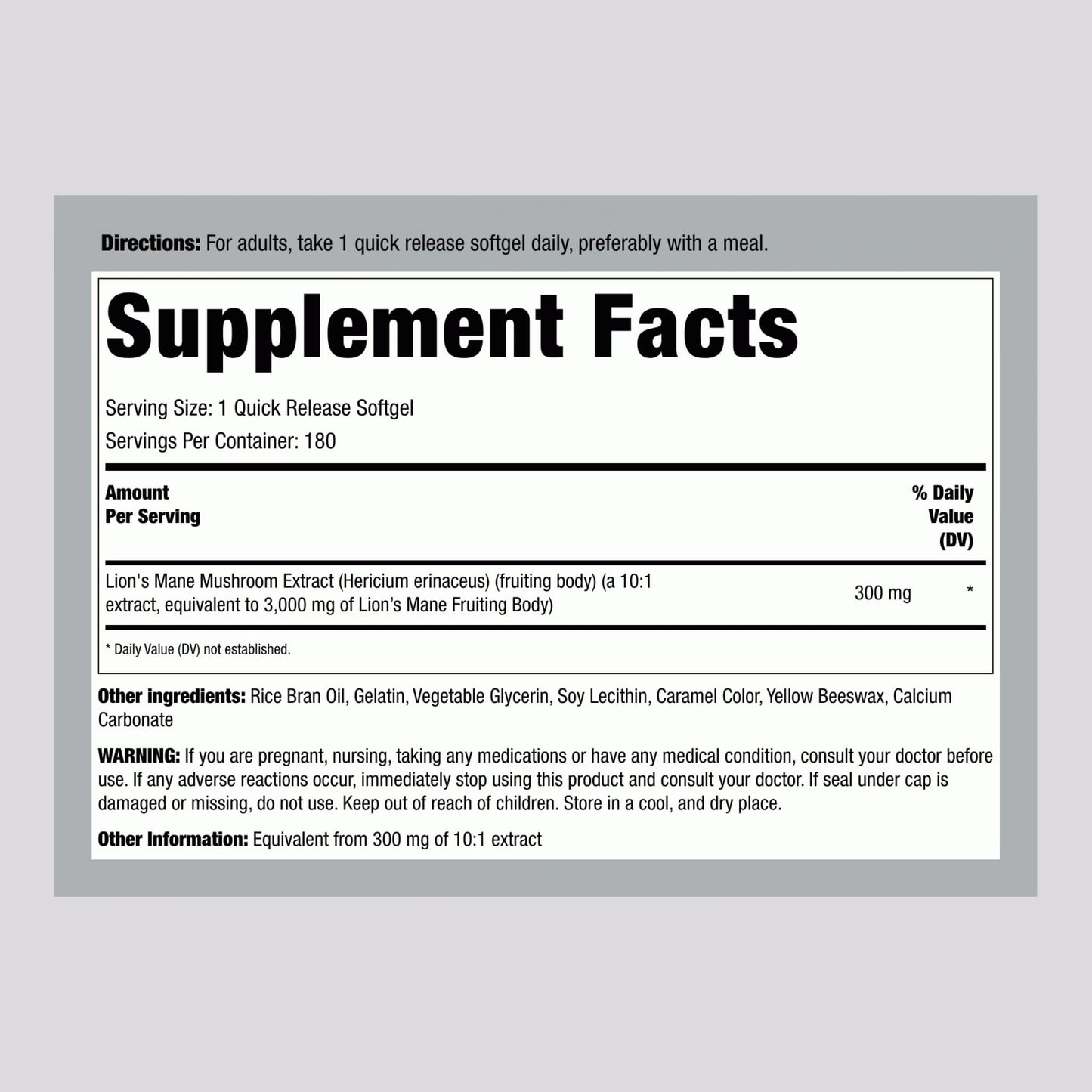 Piping Rock Lions Mane Supplement Softgel Capsules 180