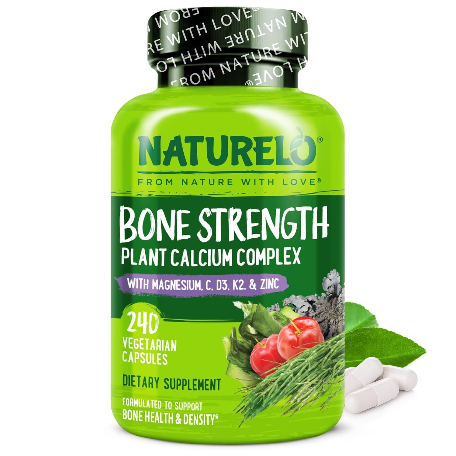 NATURELO Calcium Supplement with Vitamin C, D3, K2, Magnesium, and Zinc for Bone Strength, 600mg Calcium, Plant-Based Capsule, 240 Capsules