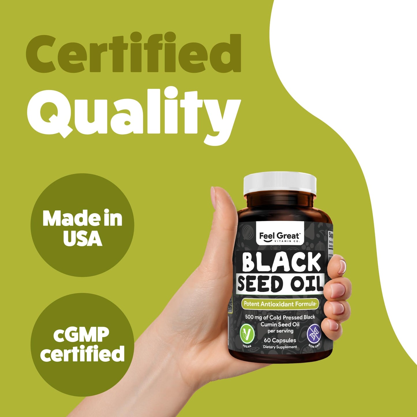 The Feel Great Vitamin Company Black Seed Oil Capsules – Cold-Pressed Nigella Sativa with Vitamin E – 500mg, 60 Count