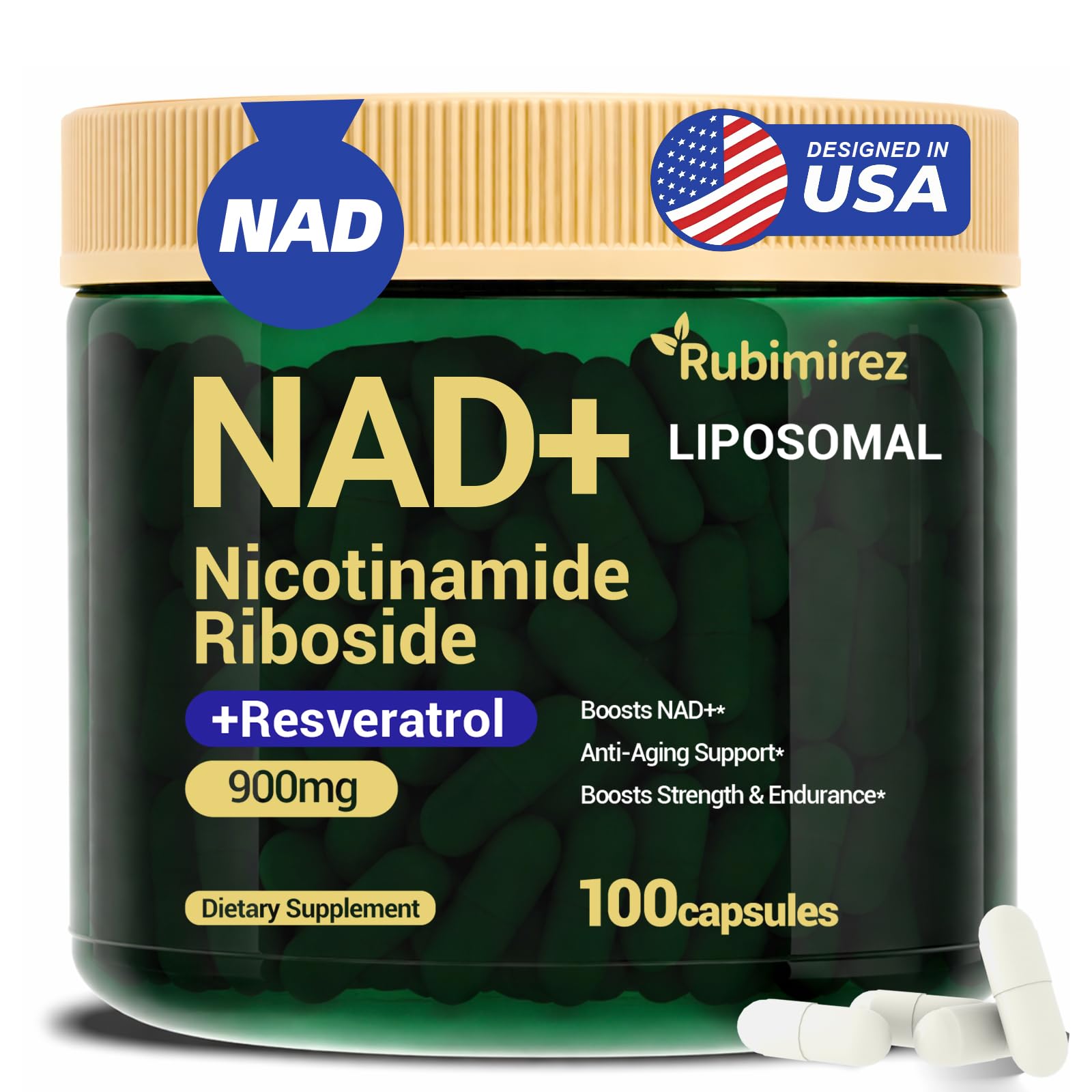 Rubimirez NAD+ Supplement with Nicotinamide Riboside & Resveratrol 900mg – Anti-Aging Support, NMN Alternative, Vegan Non-GMO, 100 Capsules