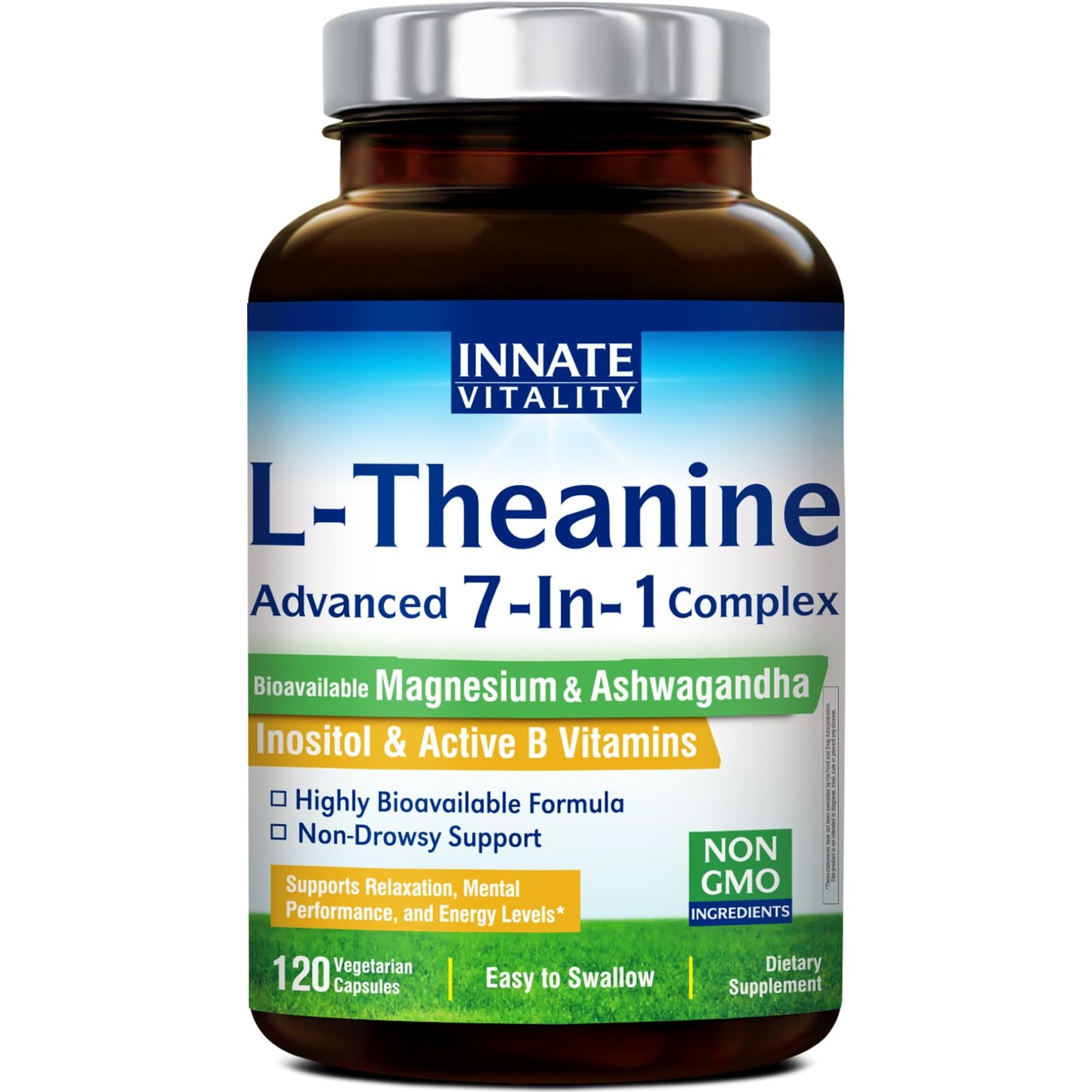 Innate Vitality L-Theanine Supplement 200 mg with Ashwagandha, Magnesium Glycinate, Inositol, Vitamin B6, Non-GMO, Hormone Harmony, Relaxation, Mental Performance and Energy Support, 120 Capsules