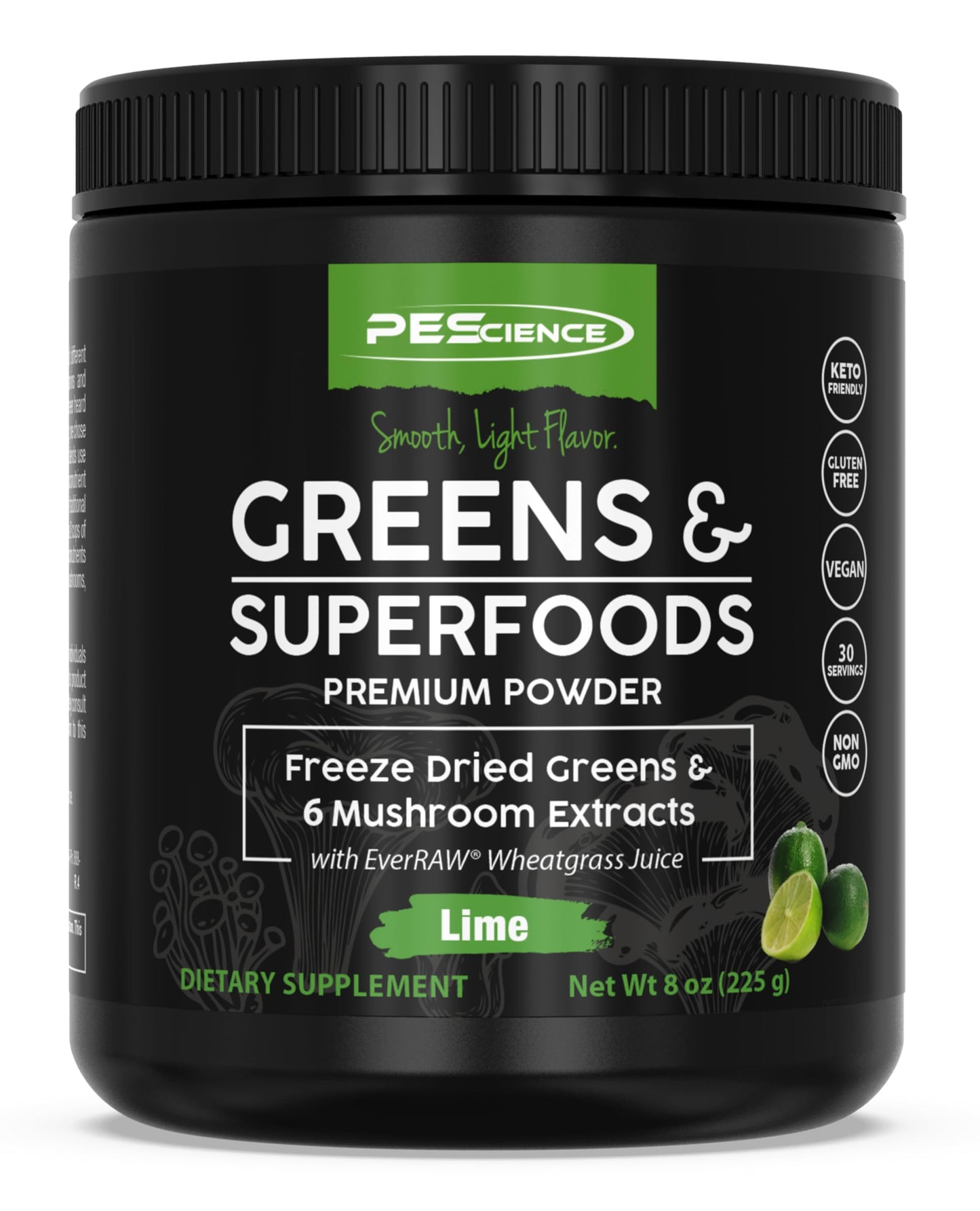 PEScience Greens Powder Superfood with Natural Chlorophyll, Reishi & Turkey Tail Mushroom Powders, Freeze-Dried Kale, Spinach, Broccoli Sprouts - Lime Flavor, 8