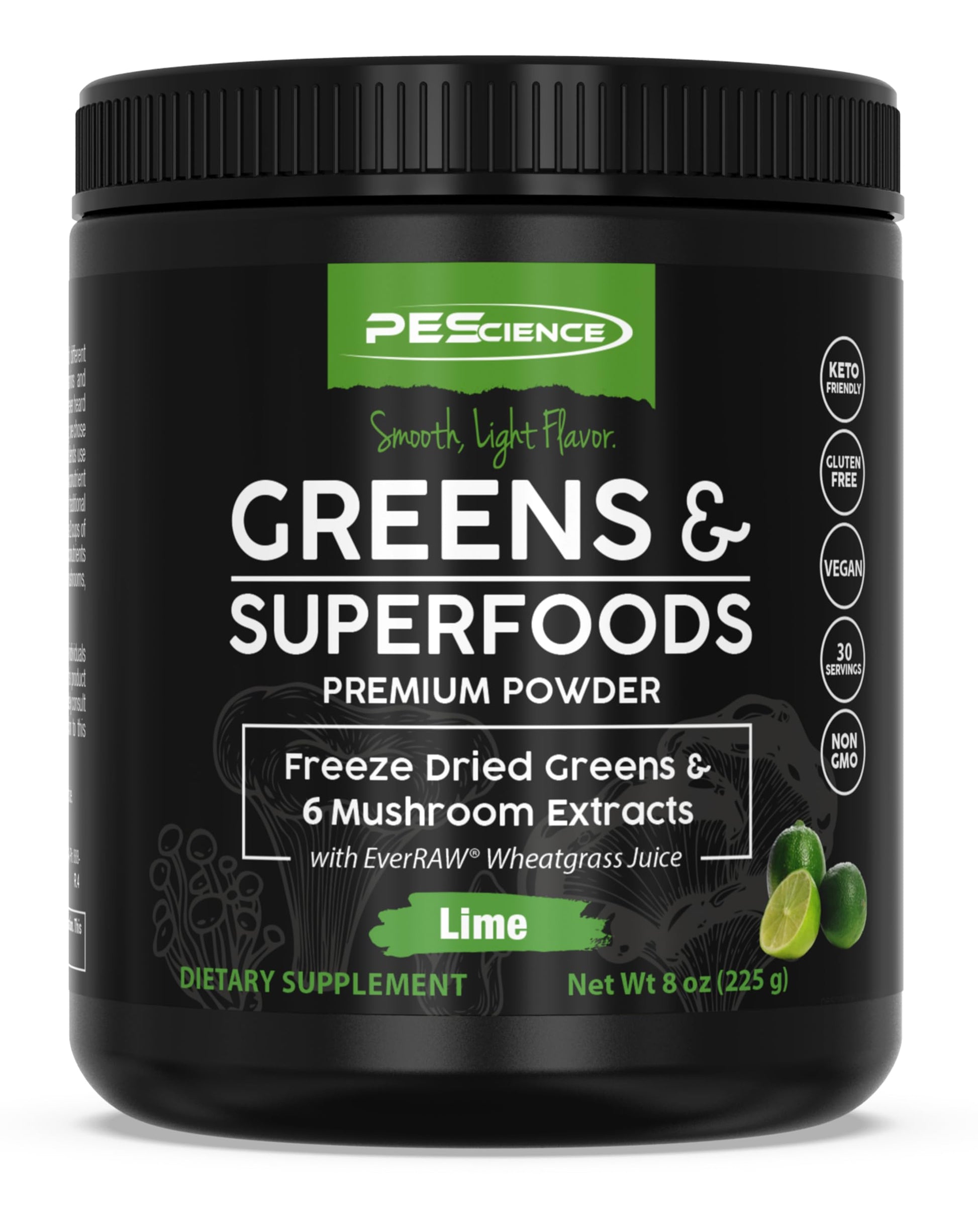 PEScience Greens Powder Superfood with Natural Chlorophyll, Reishi & Turkey Tail Mushroom Powders, Freeze-Dried Kale, Spinach, Broccoli Sprouts - Lime Flavor, 8