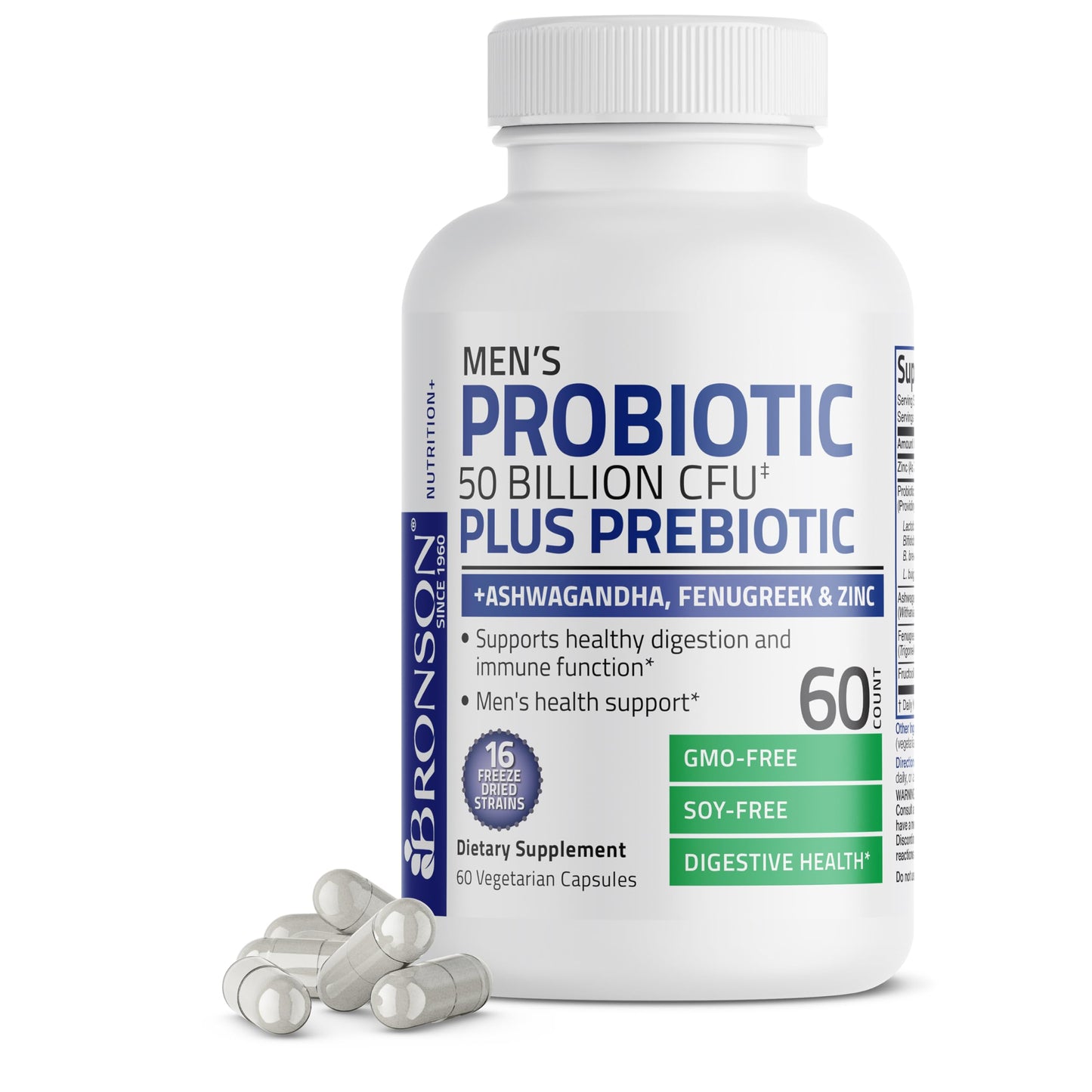 Bronson Men's Probiotic 50 Billion CFU Plus Prebiotic with Ashwagandha, Fenugreek & Zinc, Supports Healthy Digestion & Immune Function Non-GMO, 60 Capsules