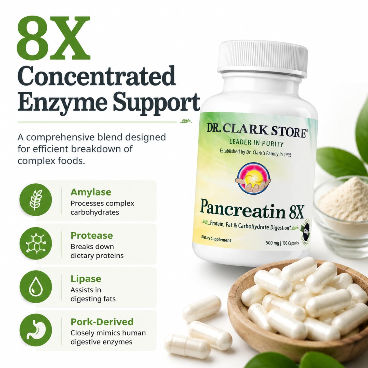 Dr Clark Store Pancreatin 8X Enzyme Supplement 500mg Capsules, 100 Count