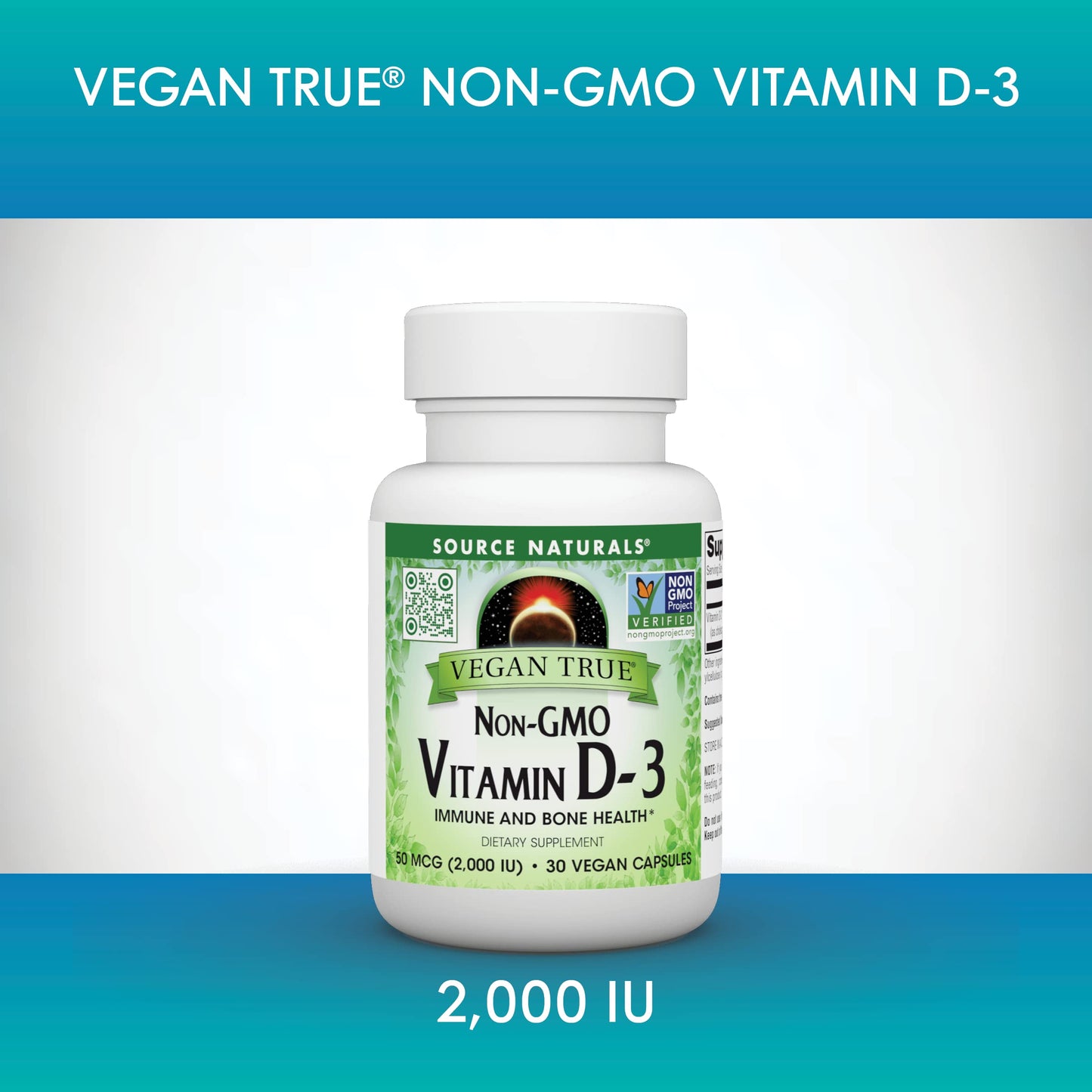 Source Naturals Vegan True, Non-GMO Vitamin D-3, 2000 IU Capsule, 30 Capsules