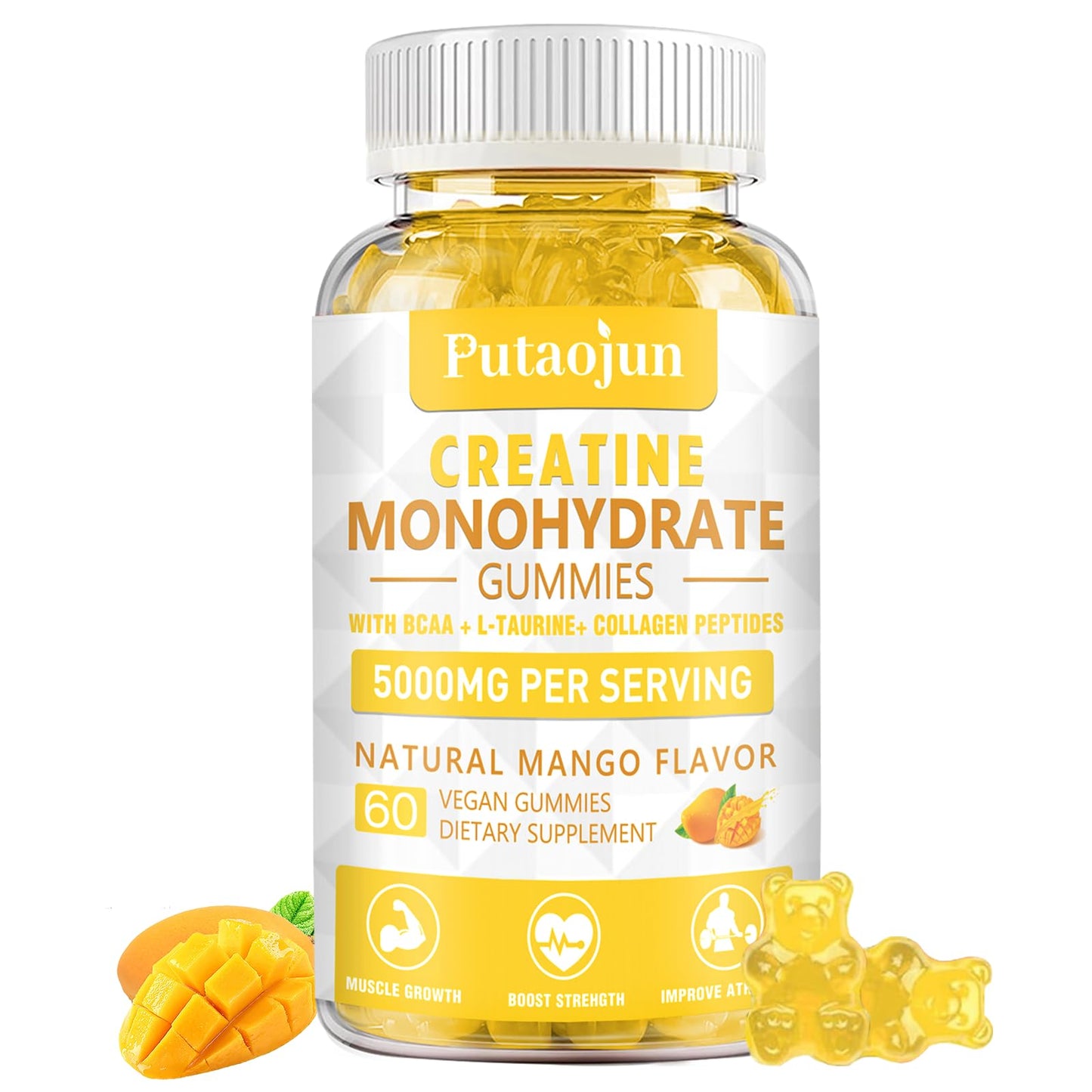 Putaojun Creatine Monohydrate with Vitamins D3 & B12 Gummies, 60 Count