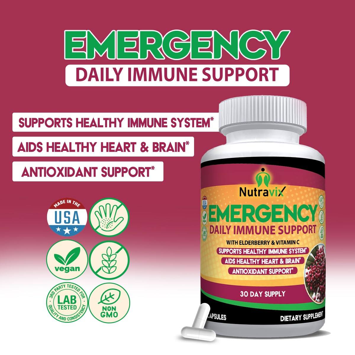 NutraviX Elderberry Immune Support 300mg Sambucus Nigra with Vitamin C, Zinc, Echinacea, Turmeric & Garlic – Antioxidant Immune Support Supplement – 60 Capsules