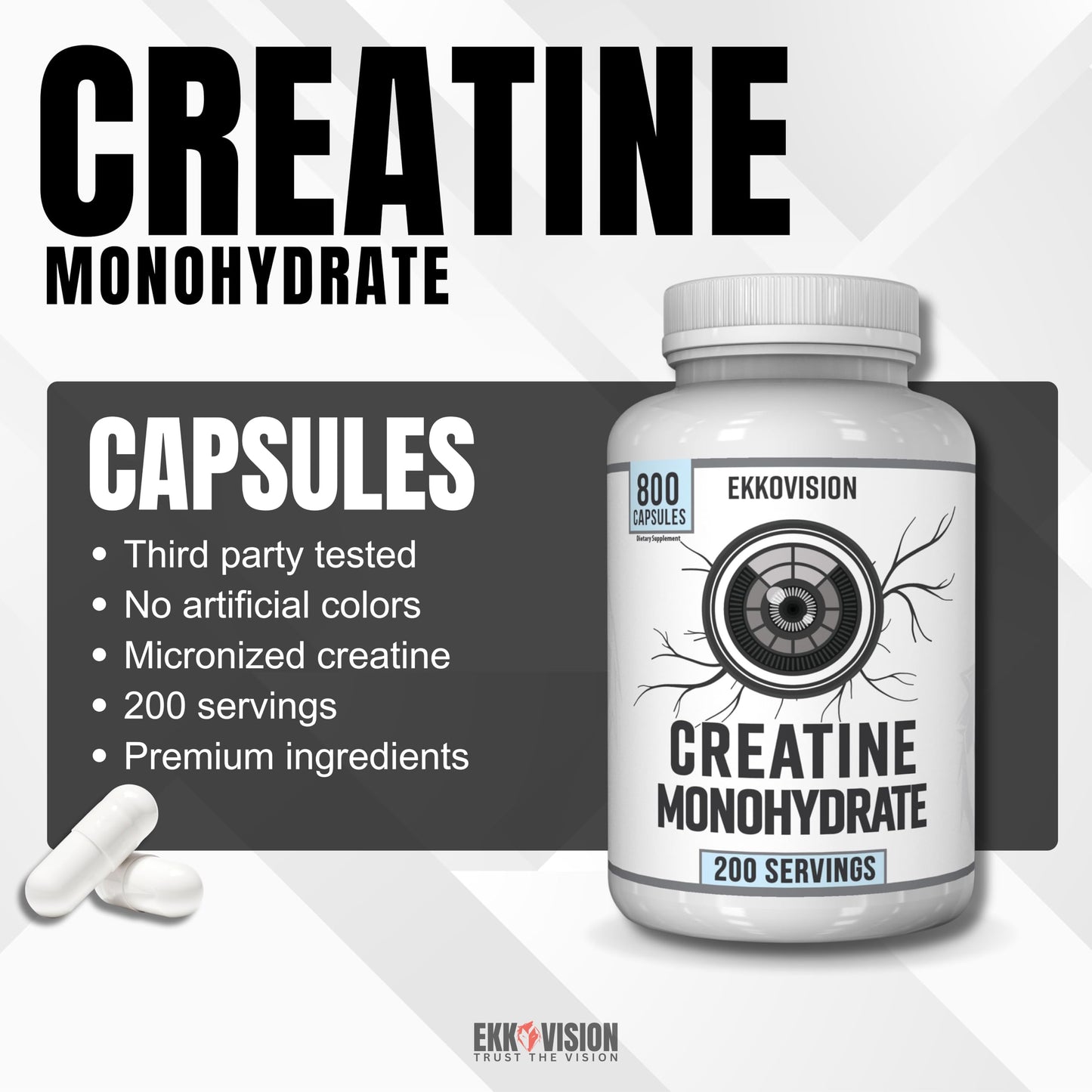 Ekkovision Creatine Monohydrate Capsules 200 Count
