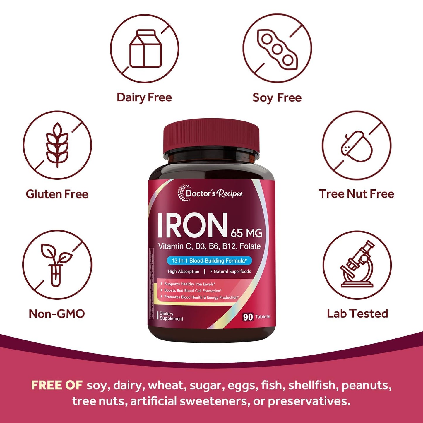 Doctor's Recipes Iron Supplement for Women & Men, Iron 65 mg with Vitamin C, D3, B6, B12, Folate, Beet Root, Pumpkin Seeds for Energy & Red Blood Cell Support Tablet, 90