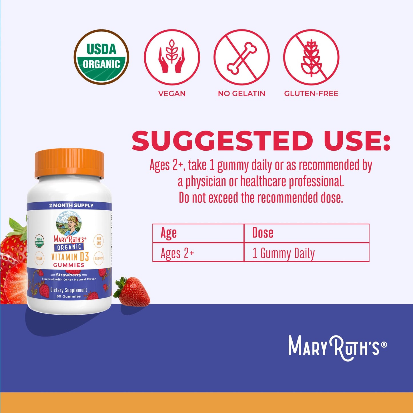 MARYRUTH'S Organic Vitamin D3 Gummies 1000 IU 60 Count