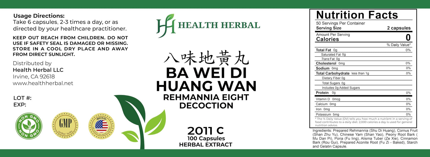 Health Herbal Ba Wei Di Huang Wan/Rehmannia Eight Decoction Capsules, 100 Capsules