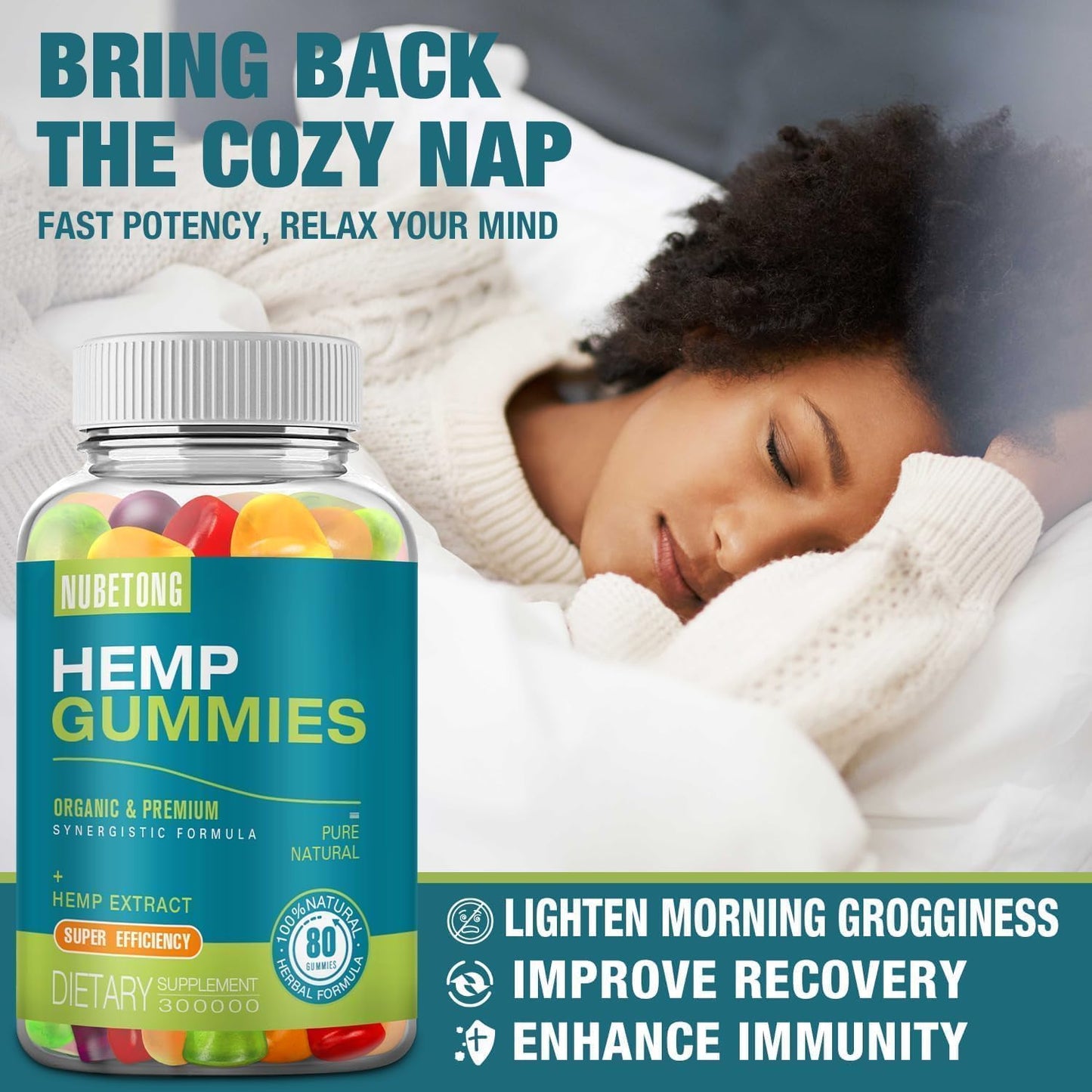 Nubetong Hemp Gummies High Potency Extra Strength Hemp Oil Extract Organic Edible Gummy Supplement for Sleep, Pain, Anxiety, 80 Count
