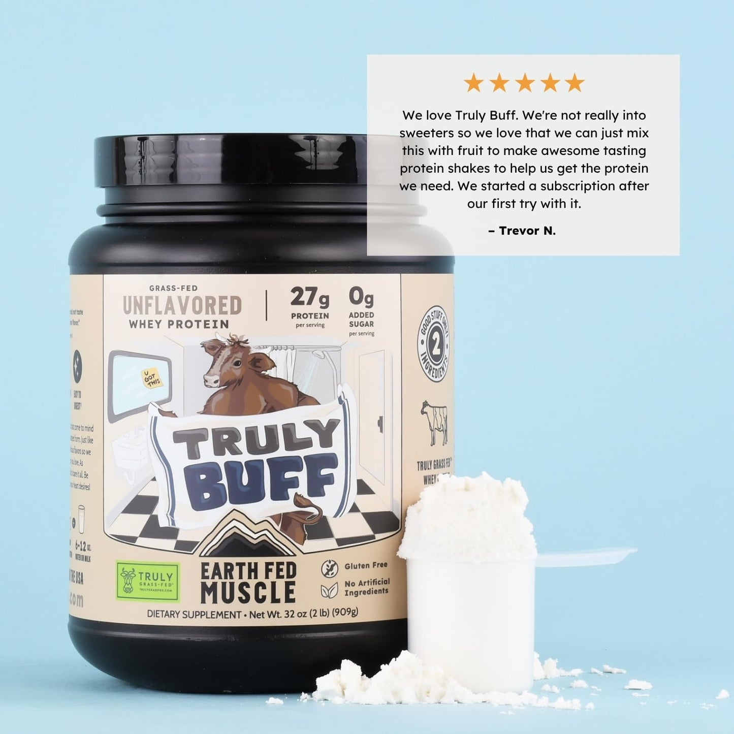 Earth Fed Muscle Truly Buff Unflavored Irish Grass Fed Whey Protein Isolate Powder, 32 oz