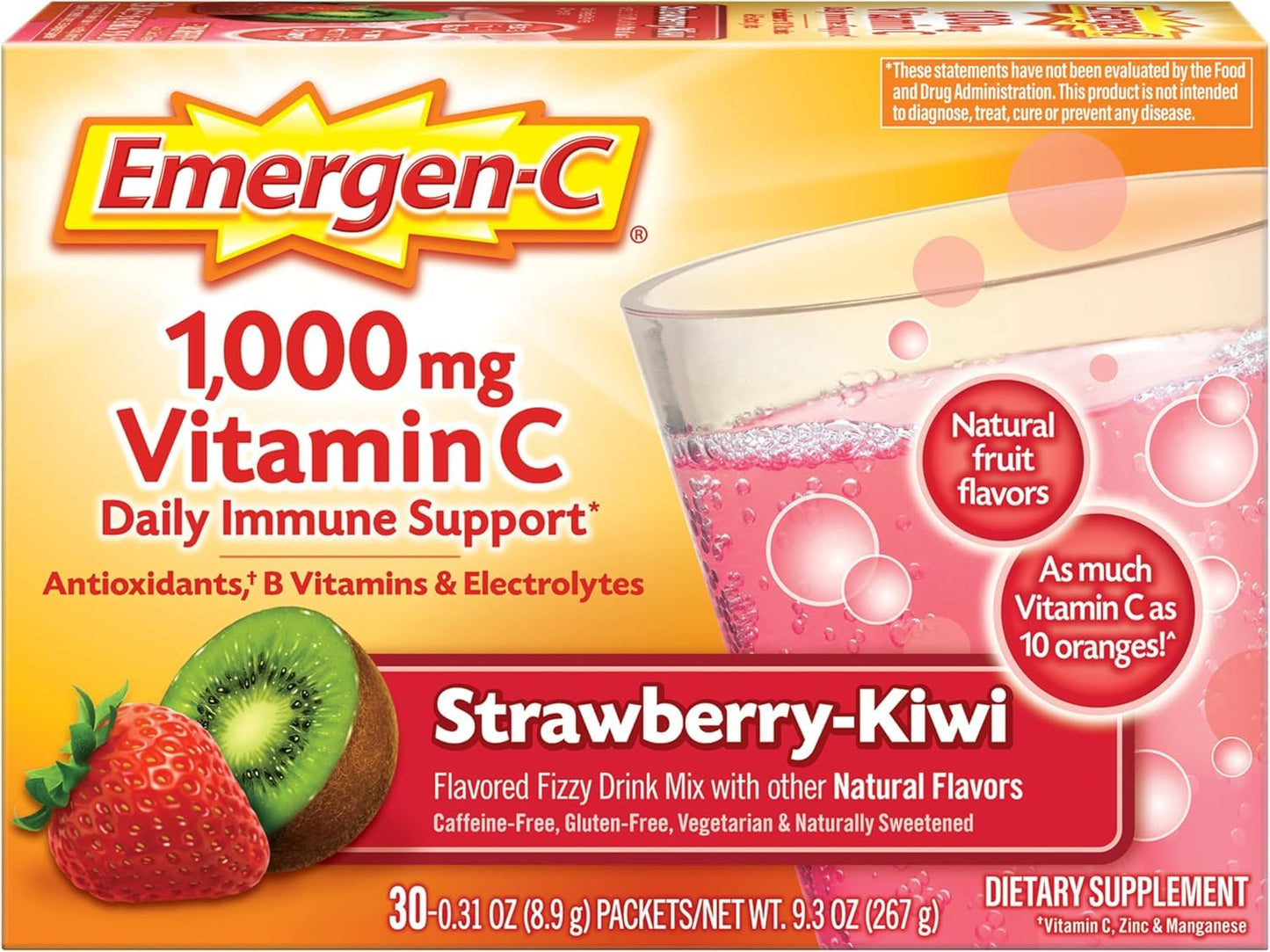 Emergen-C 1000mg Vitamin C Powder, Strawberry Kiwi Flavor, Immune Support, 30 Count (Pack of 2)