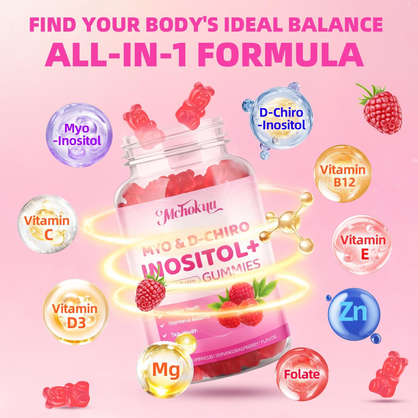 Mchokuu Myo-Inositol & D-Chiro Inositol Gummies, 40:1 Ratio, 120 Count