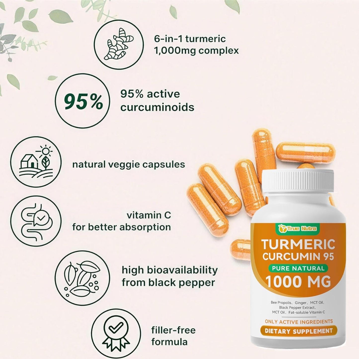 True Nutra Turmeric Curcumin Supplement 1000mg, 60 Capsules