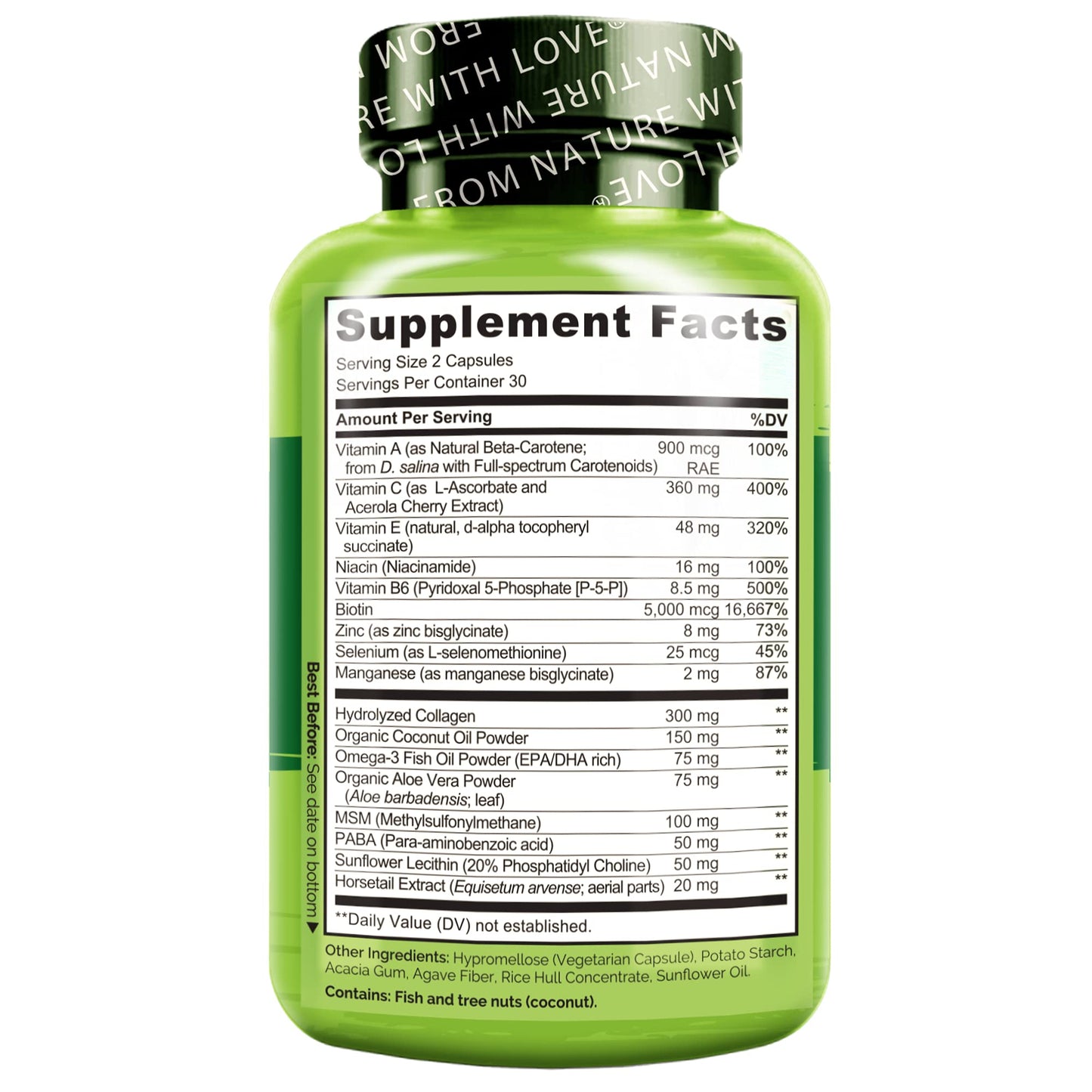 NATURELO Hair, Skin and Nails Multivitamin Collagen Peptide Powder, 60 Count